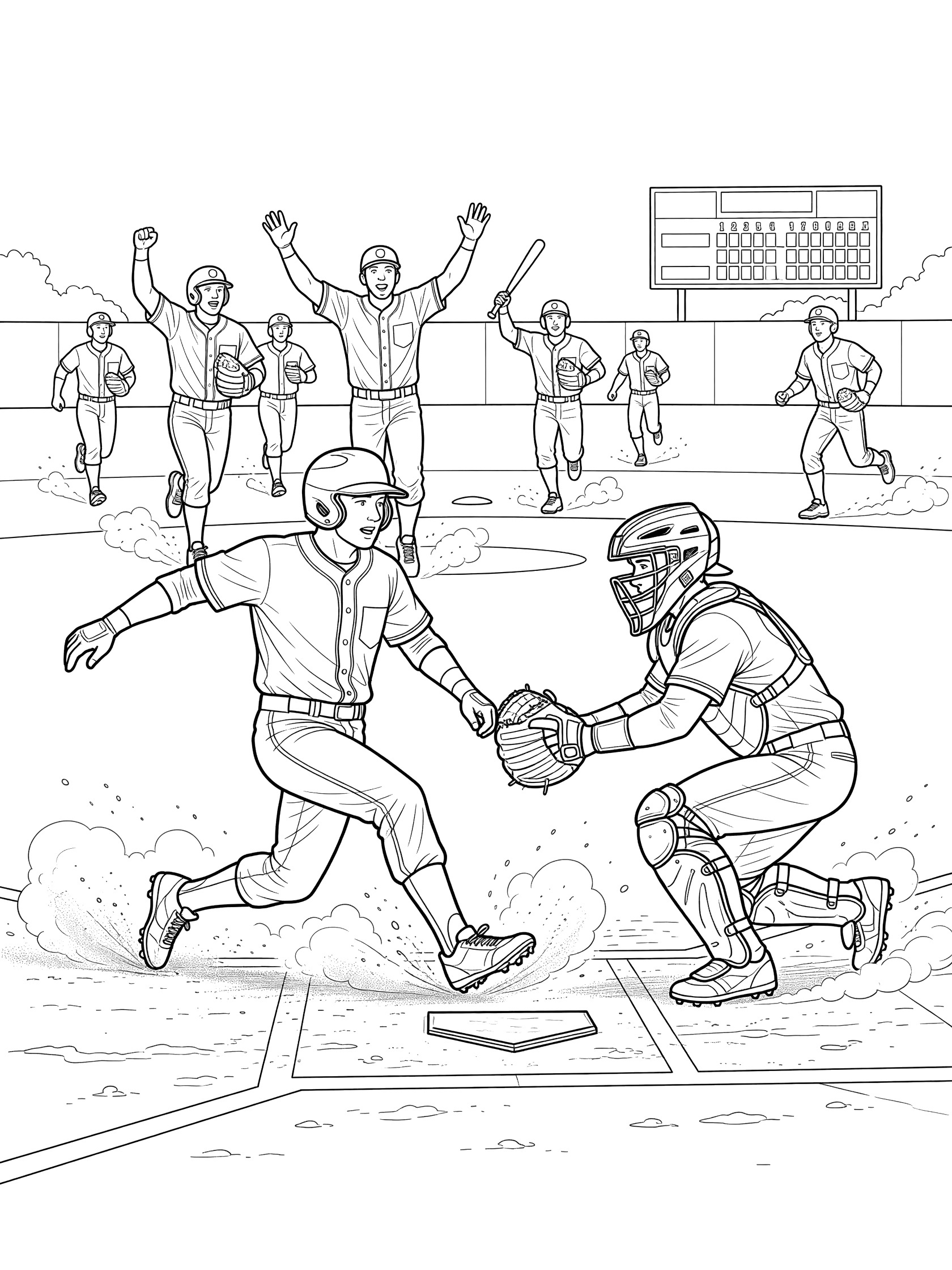 Black and white line art of baseball runner sliding safely home after home run, with catcher tagging, celebrating teammates, and distant scoreboard.