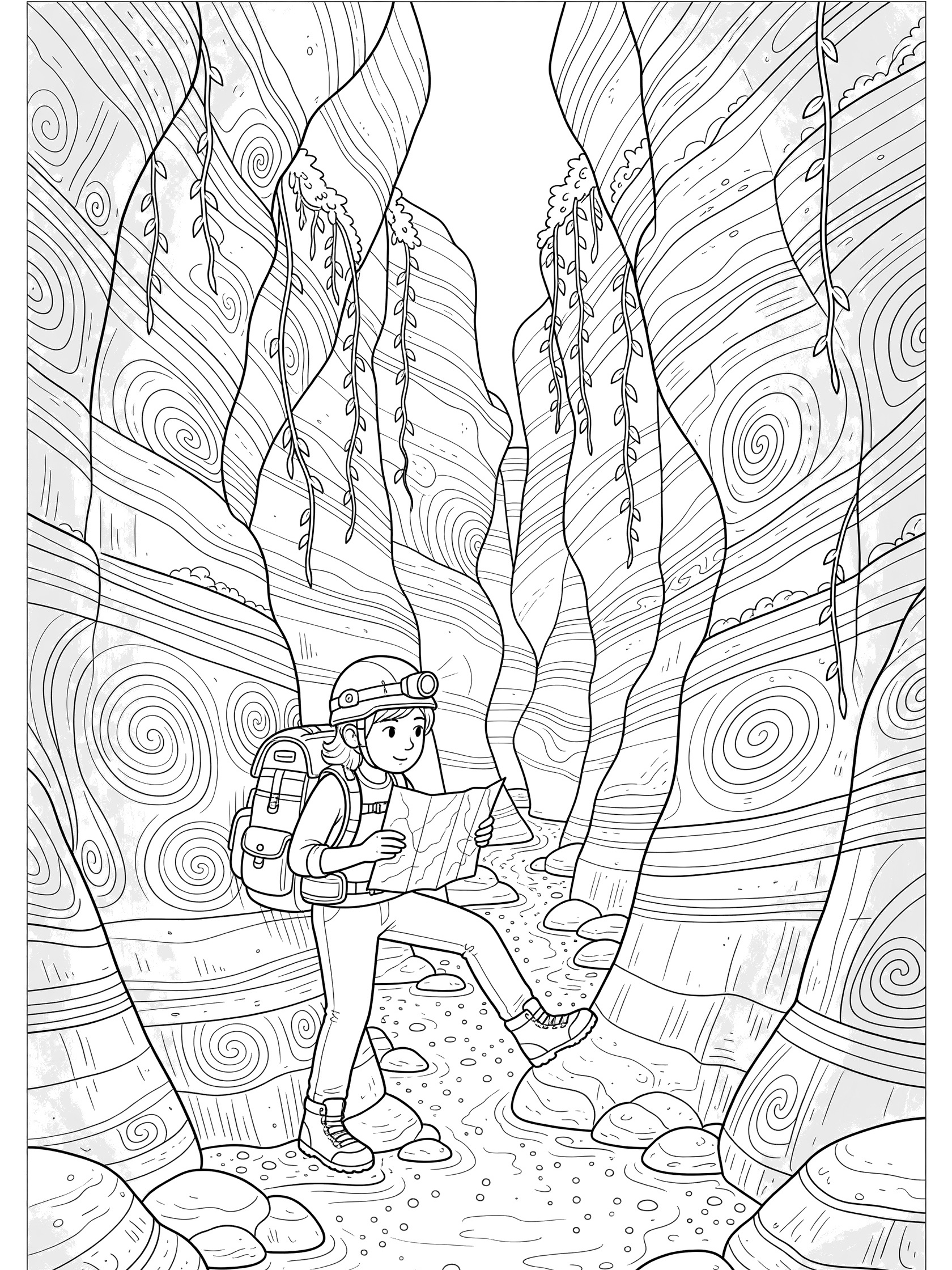 Line art coloring page showing a tween explorer in helmet and backpack holding a map while adventuring through a narrow Glen Canyon slot canyon with swirling rock walls and shallow stream.