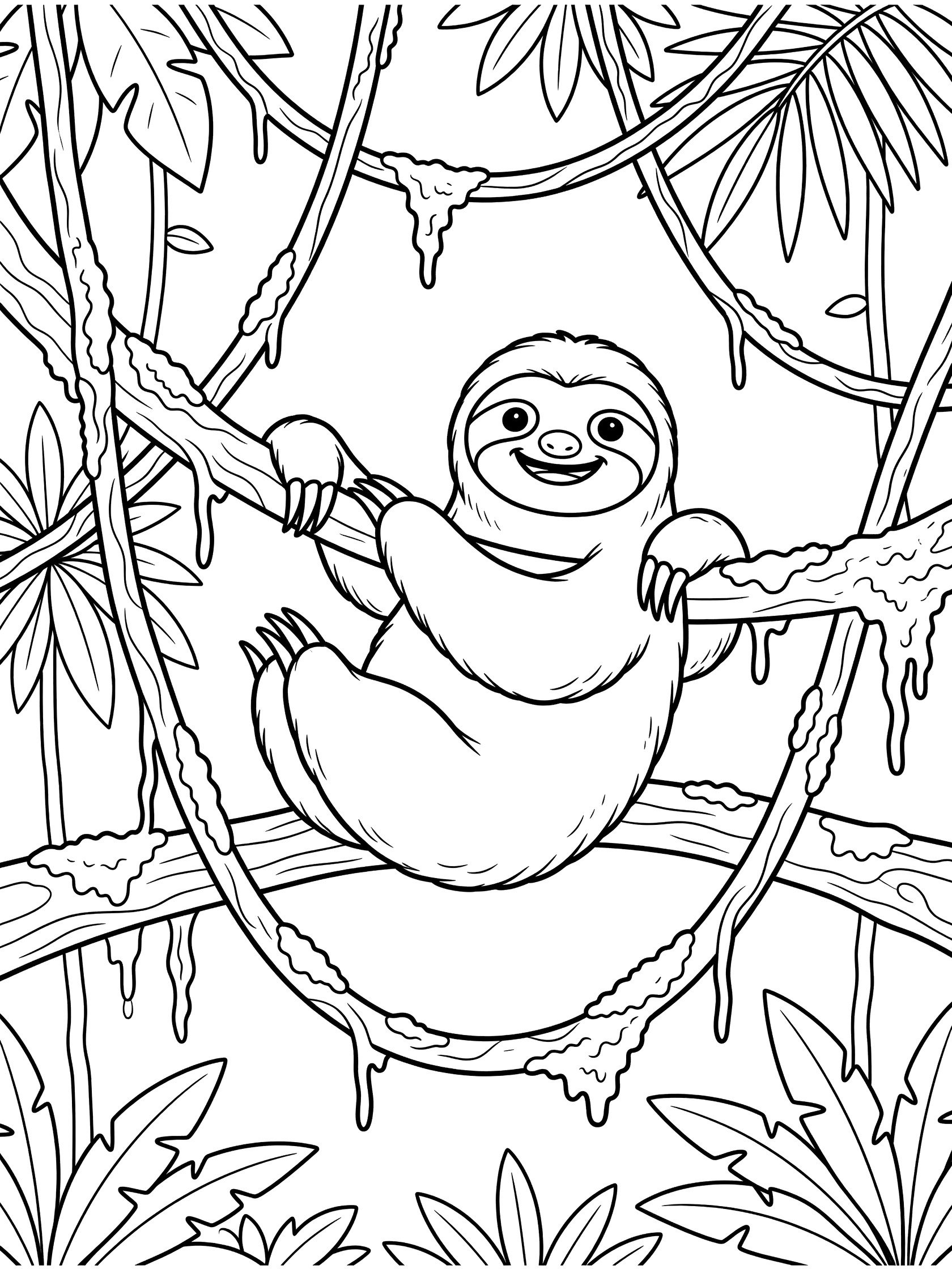 Black and white line art coloring page showing a happy sloth clinging to thick vines and branches in a jungle setting with large leaves. Amazon themed black and white printable line art