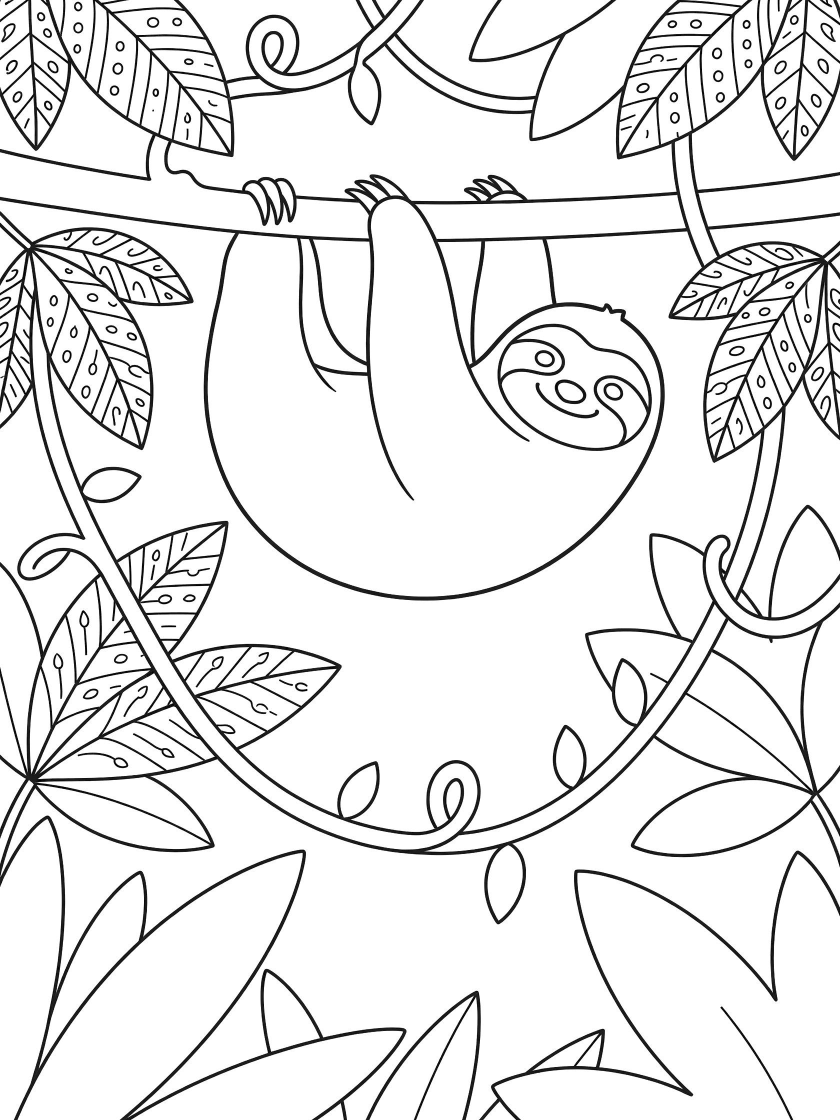 Black and white line drawing of a relaxed sloth hanging upside down from a branch with looping vines and large jungle leaves. South America Jungle themed black and white printable line art