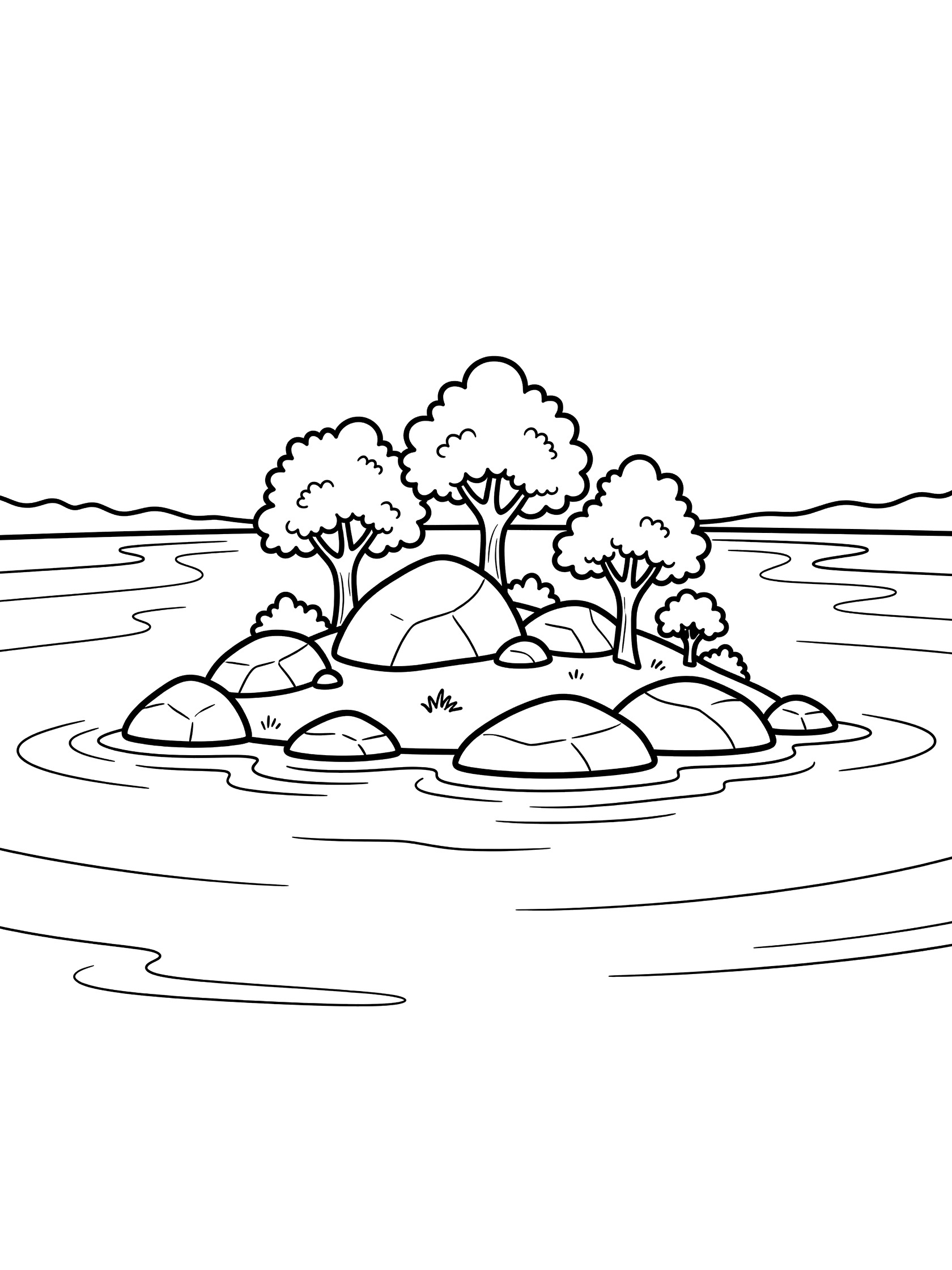 Black and white line art coloring page showing a small central island with several cartoon trees and rounded rocks, surrounded by gentle water ripples and distant shorelines. Danube River themed black and white printable line art
