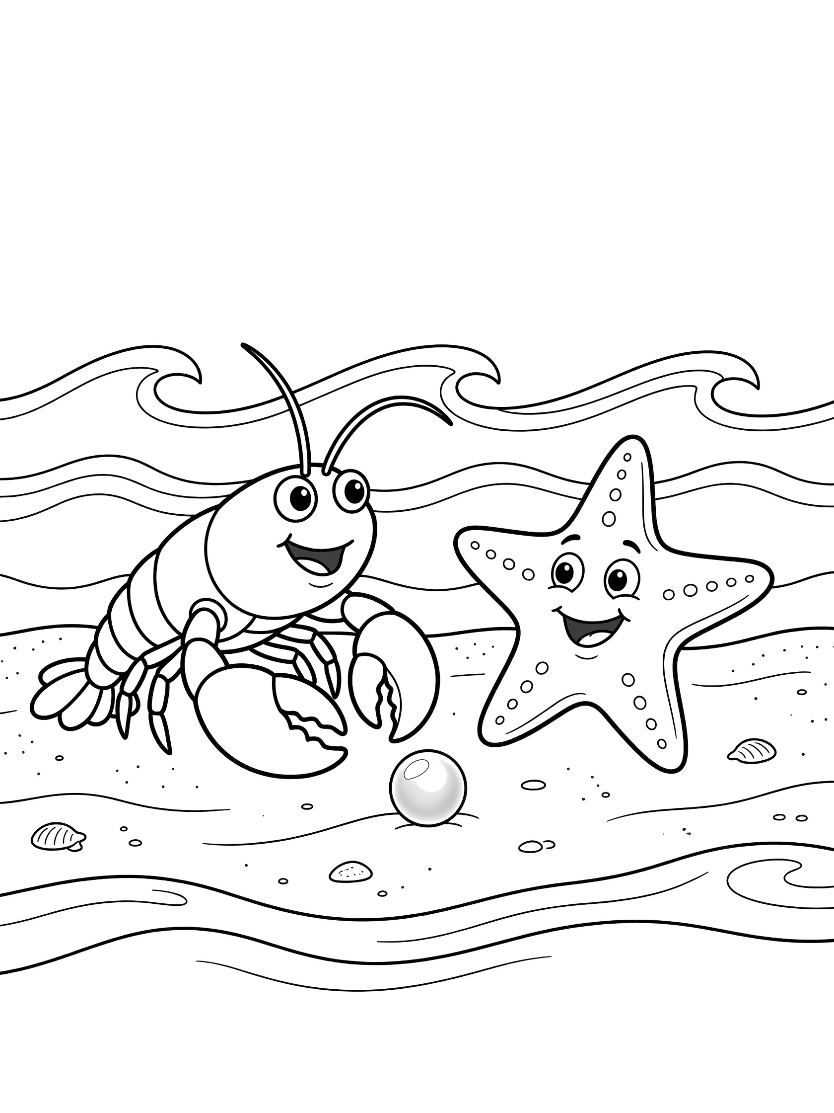Black and white line art coloring page showing a cheerful crab with big eyes holding a round pearl, a smiling starfish beside it, sandy seabed with shells, and wavy ocean waves in the background. Lobster themed black and white printable line art
