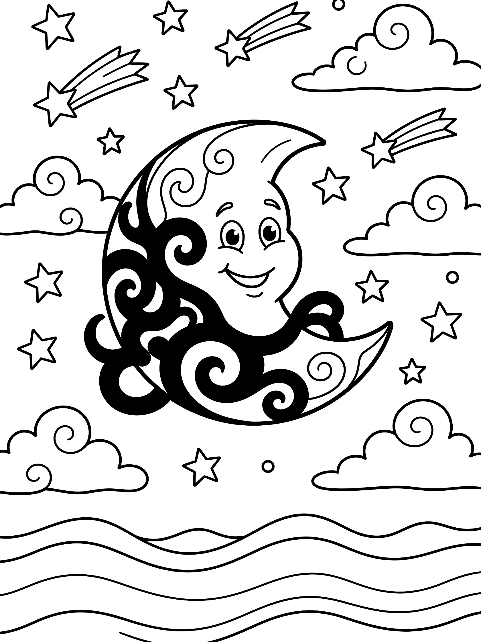 Black and white line art coloring page showing a cheerful crescent moon with face eyes mouth and swirling shadows next to stars comets curly clouds and wavy lines at the bottom. Lunar Eclipse themed black and white printable line art