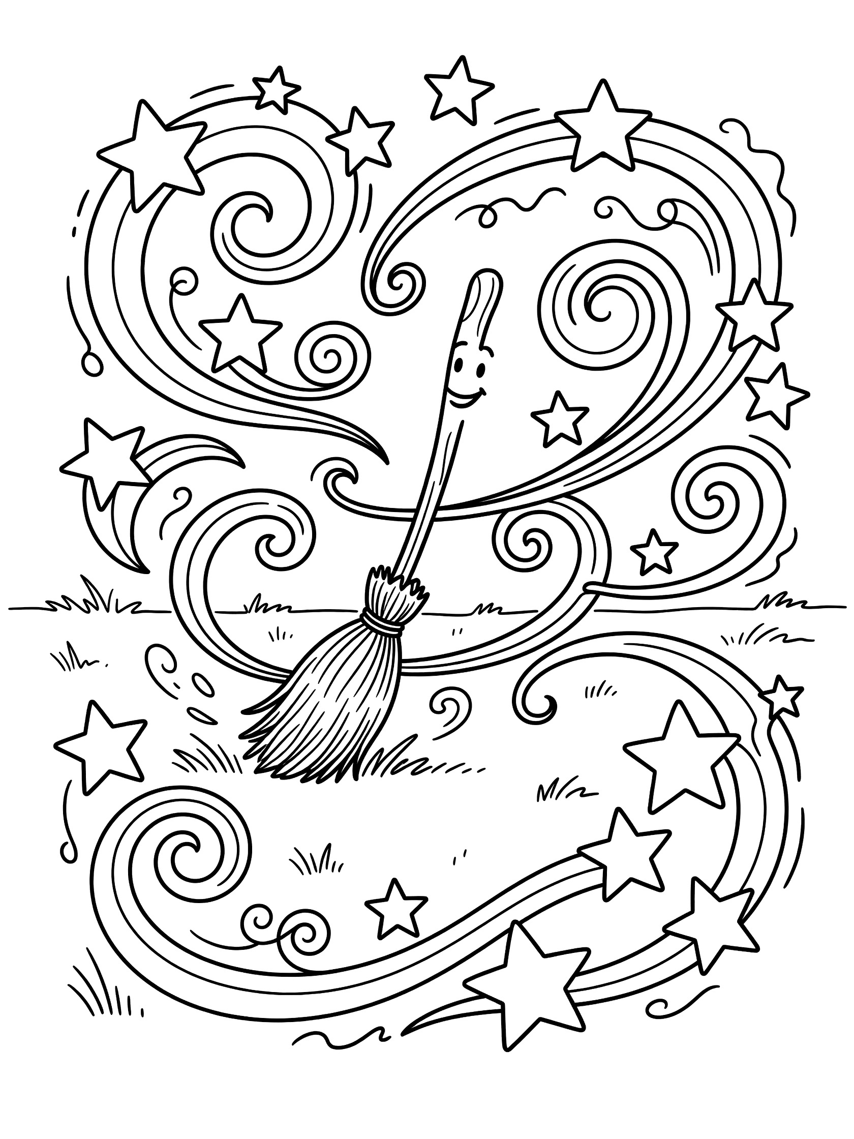 Black and white line art coloring page showing a smiling broom with bristles, dancing with swirling stars, curly motion lines, and grass in a field.