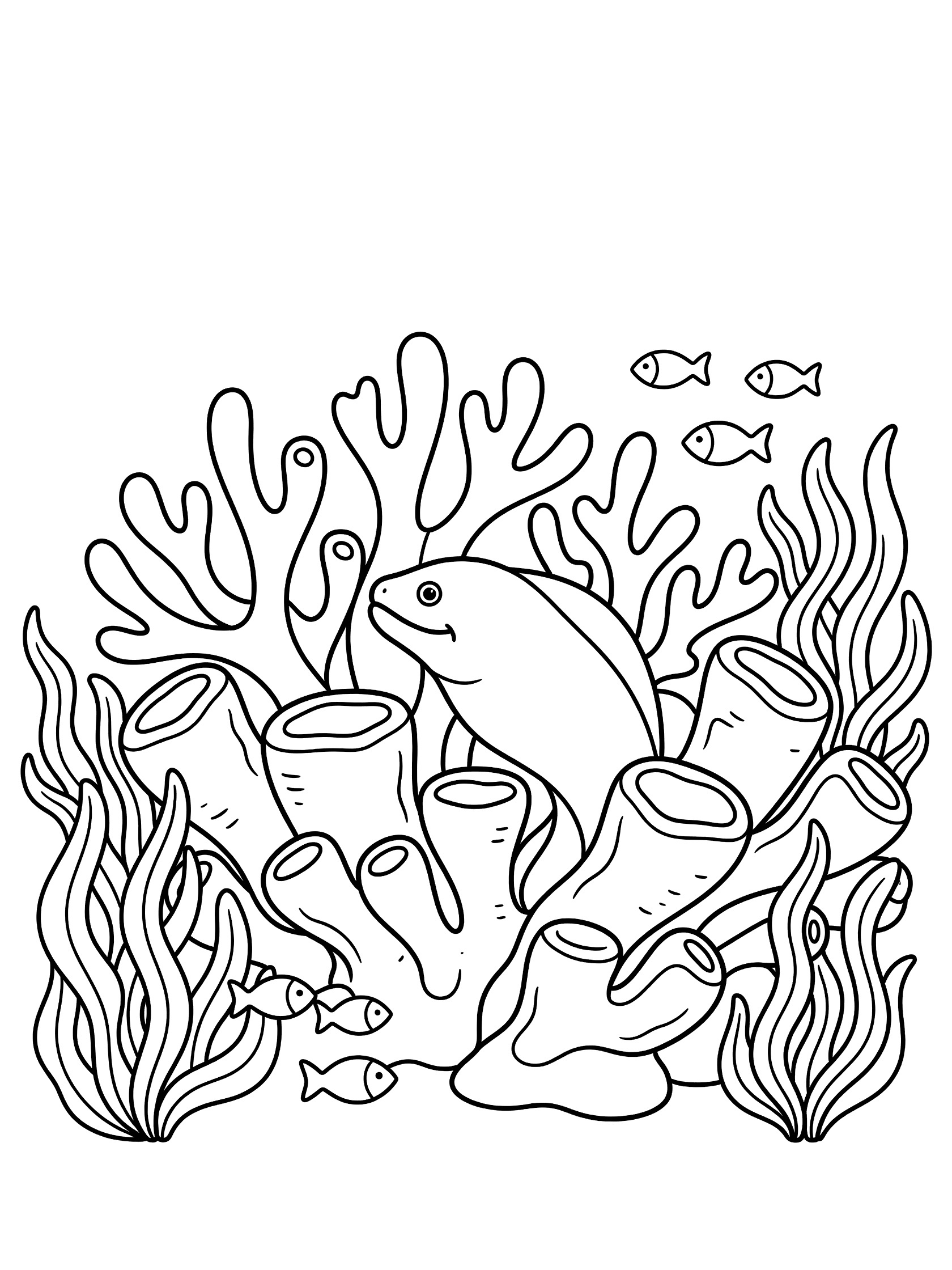 Black and white line art coloring page showing a smiling eel hiding in coral formations, surrounded by small fish and swaying seaweed on the ocean floor. Moray Eel themed black and white printable line art