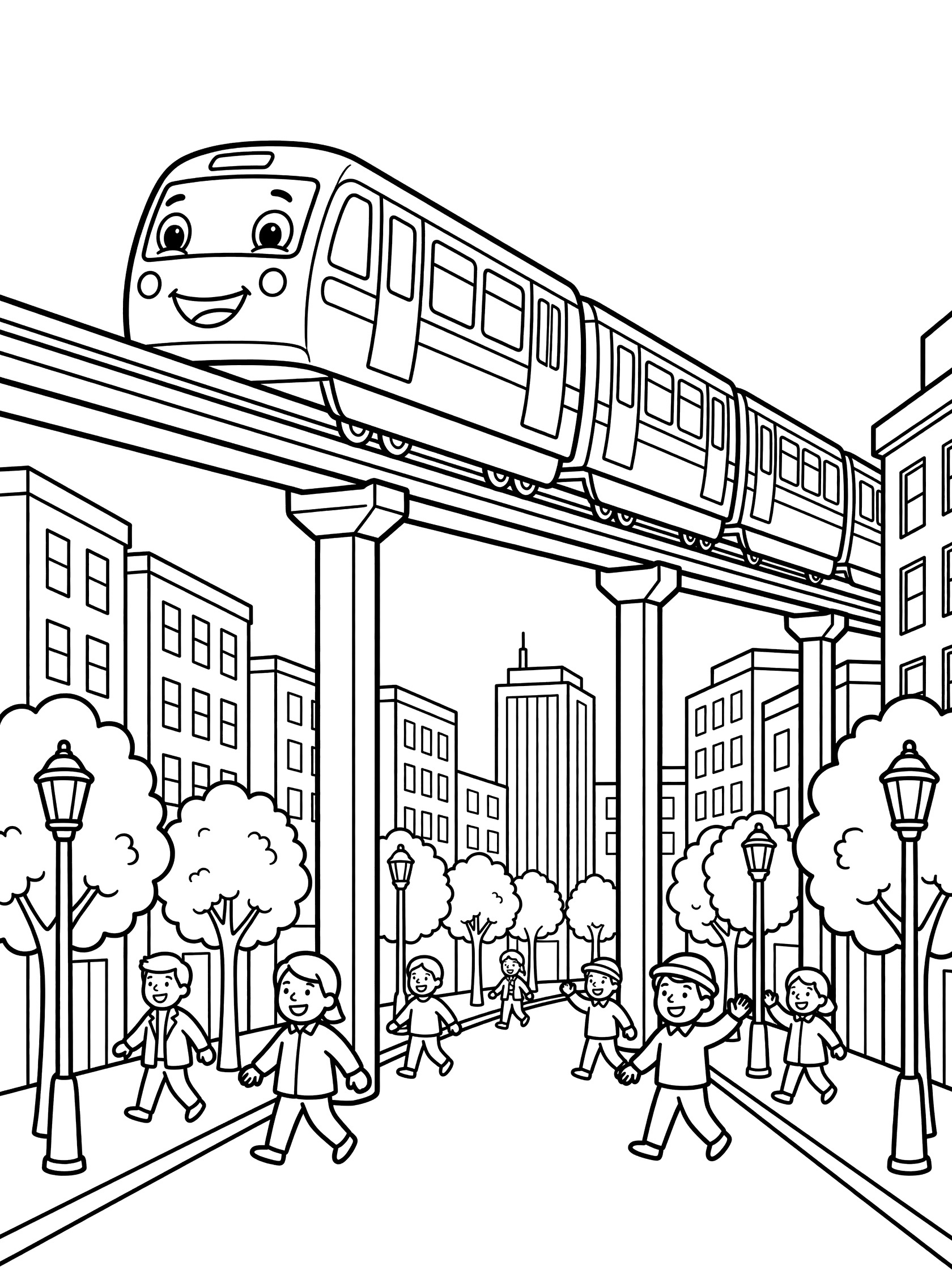 Black and white line art coloring page showing a smiling monorail train on elevated track above city street with buildings, trees, lamps, and happy walking people