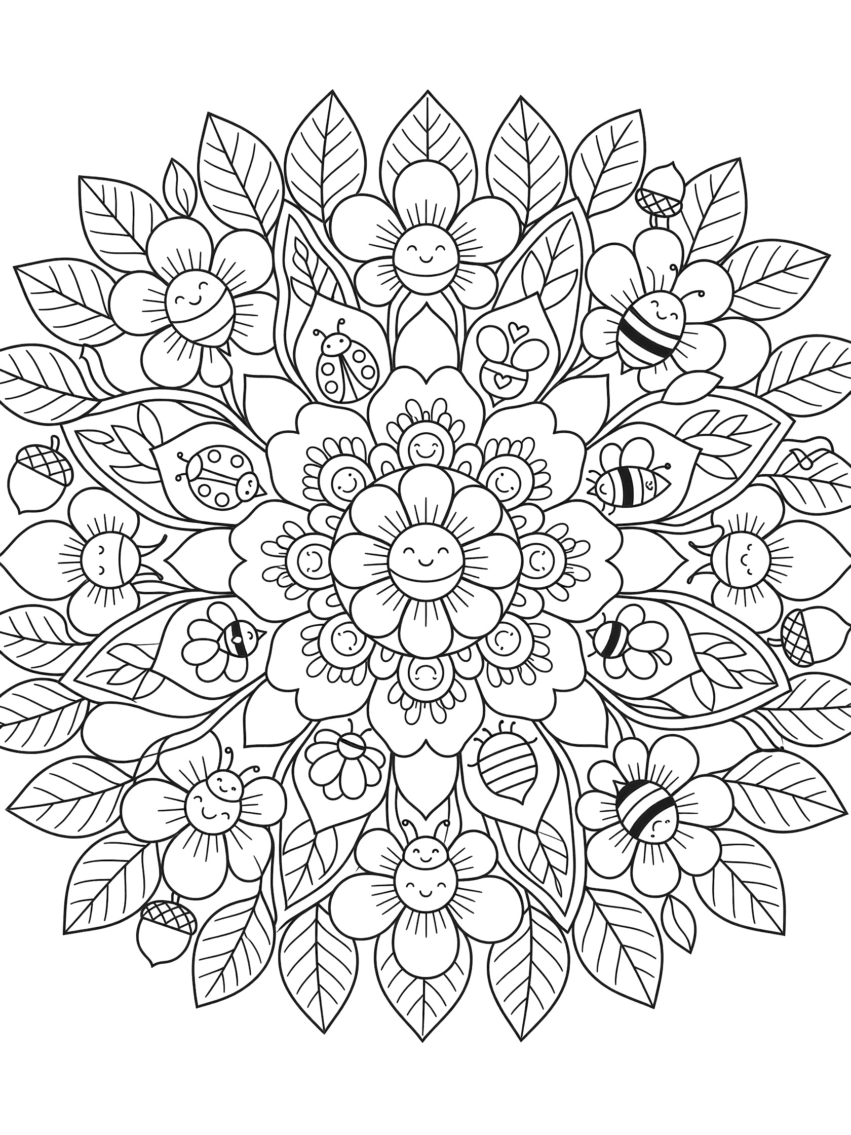Circular black line art mandala with central smiling flower face, surrounded by happy-faced flowers, bees with wings, ladybugs, leaves, and acorns on white background.