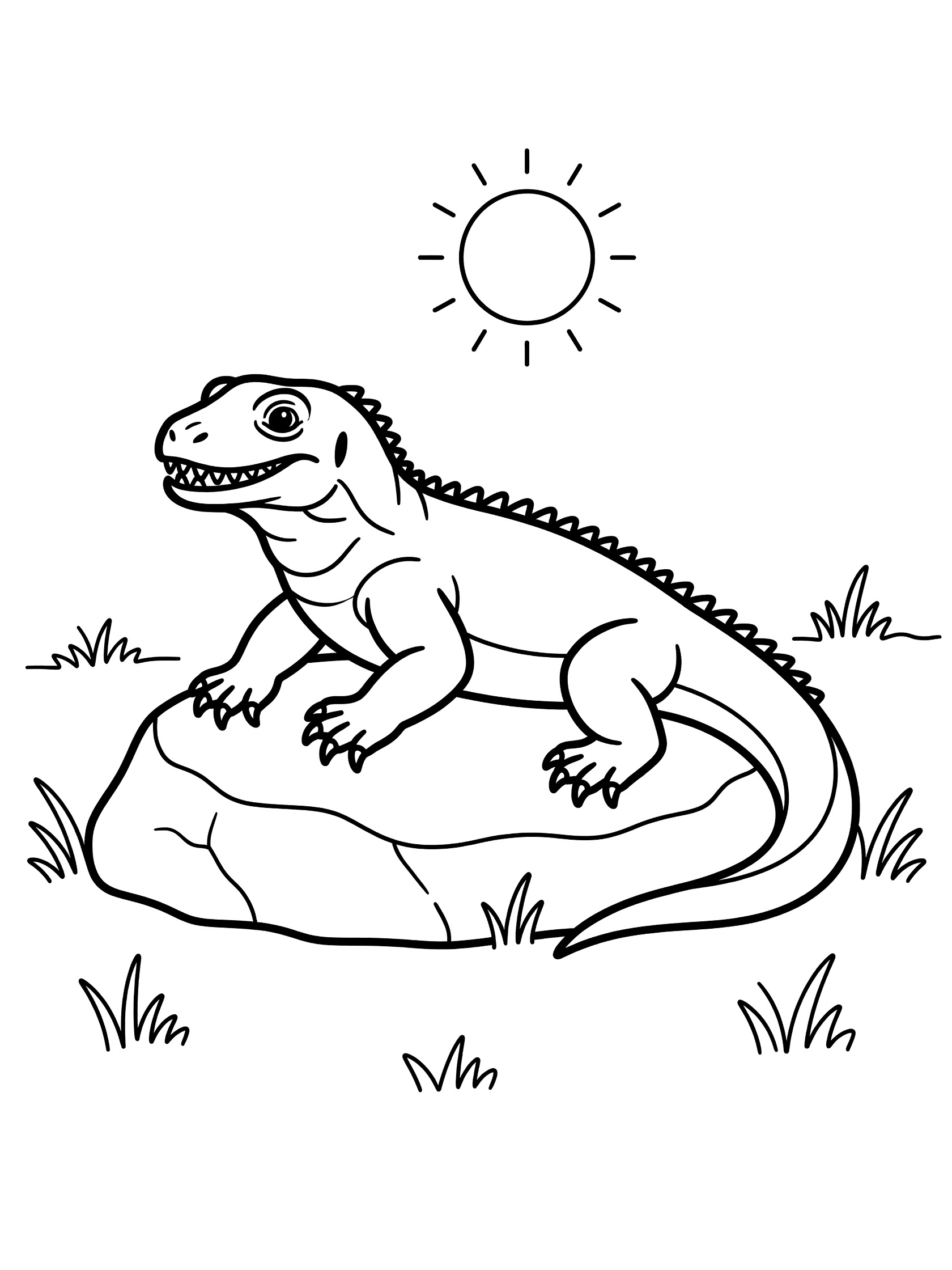 Black and white line art coloring page showing a happy lizard with big eyes and open mouth sitting on a big rock, sun in the sky, and simple grass around it. Komodo Dragon themed black and white printable line art