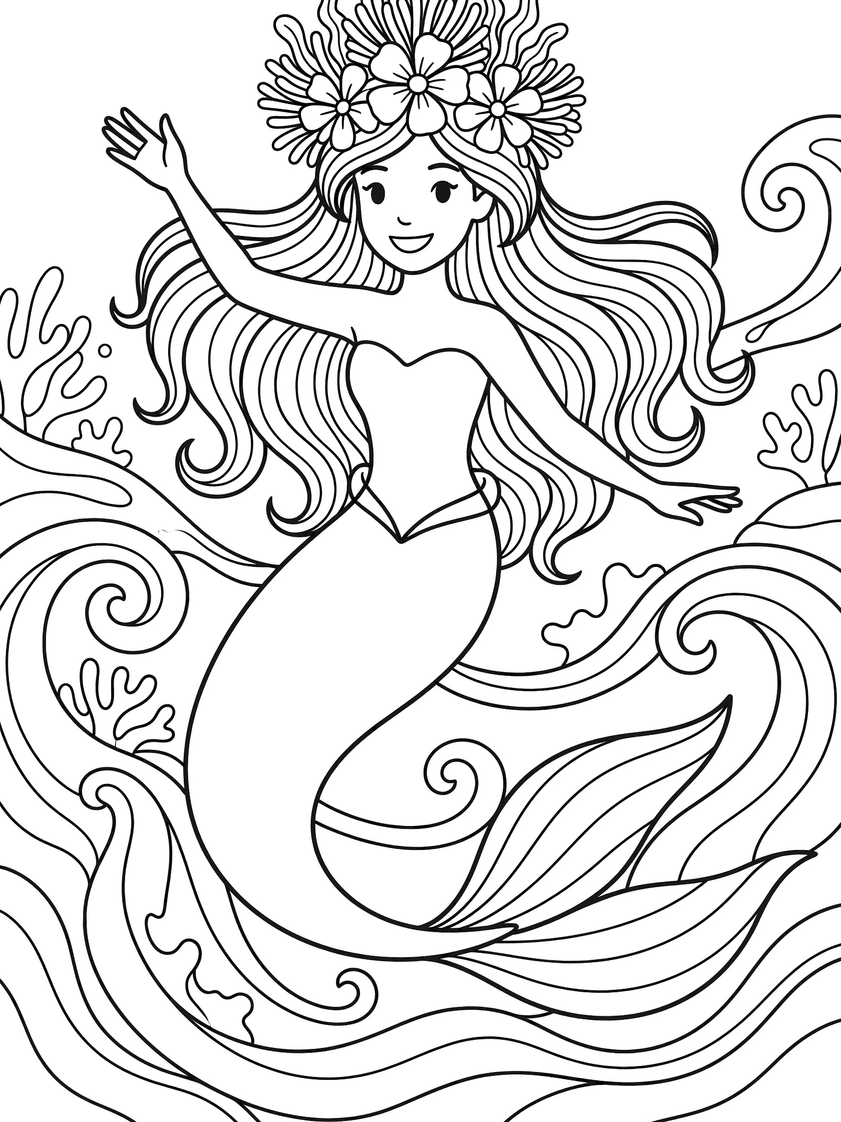 Black and white line art coloring page showing a smiling mermaid wearing a crown of flowers and sea plants, with flowing hair, one arm raised, fish tail, and ocean waves around her. Mermaid Crown themed black and white printable line art