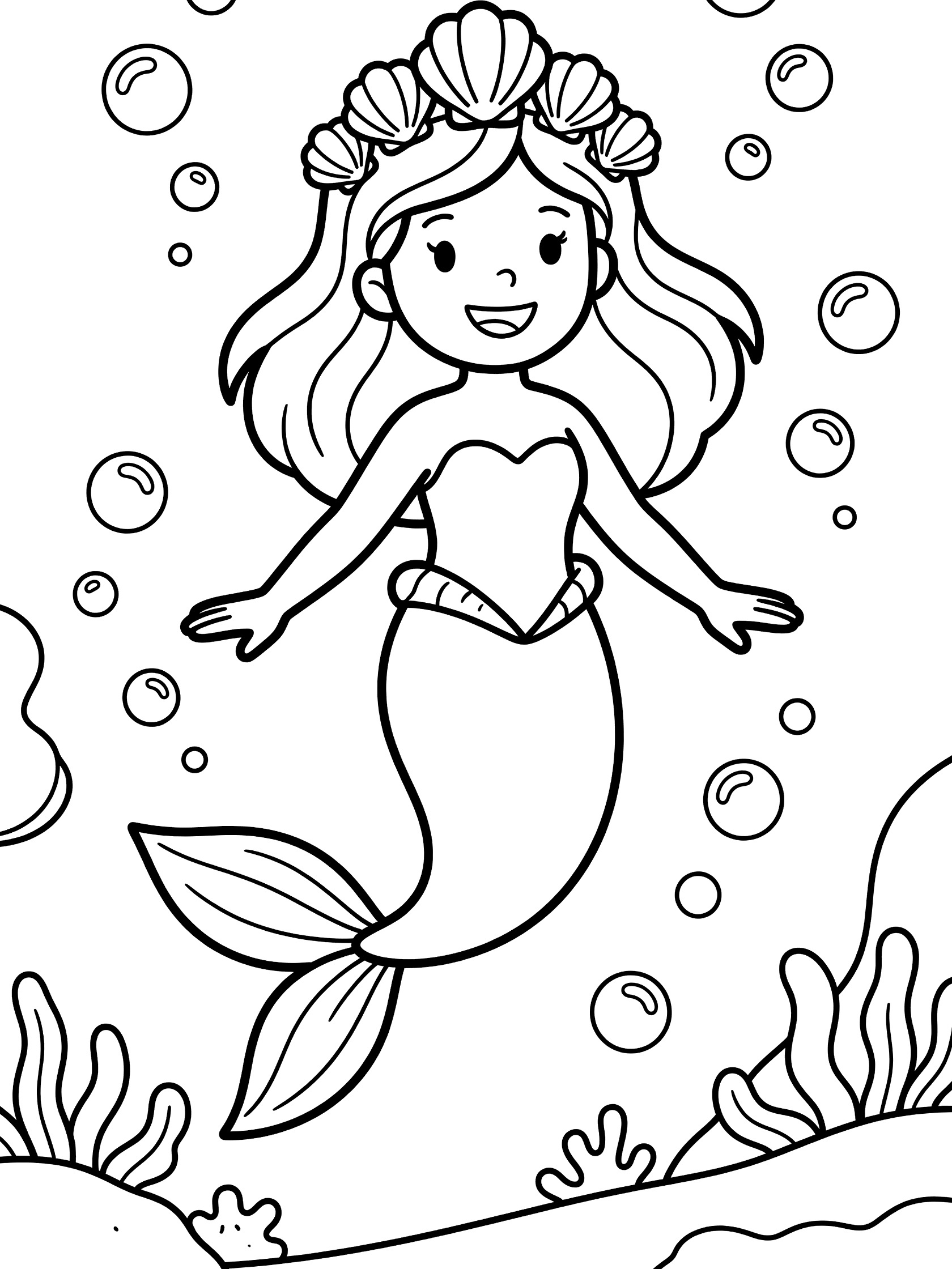 Black and white line art coloring page showing a happy mermaid with long hair, shell crown, simple tail, arms outstretched, surrounded by bubbles and underwater plants.