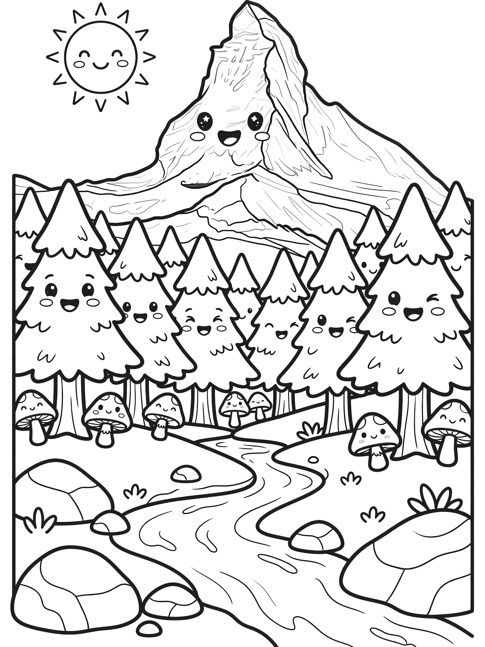Kawaii style printable coloring page showing a smiling mountain peak with happy face, surrounded by pine trees with faces, mushrooms, boulders, and a winding stream under a sun with eyes. Matterhorn themed black and white printable line art