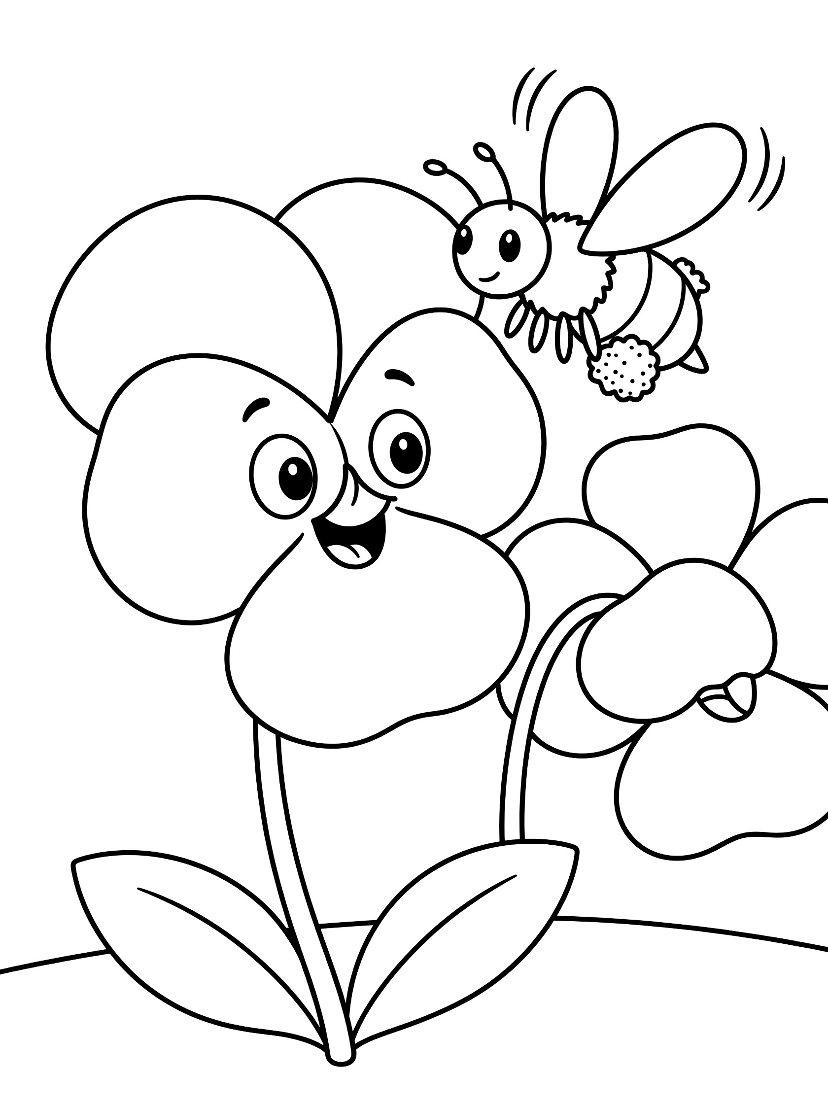 Cute cartoon pansy flower smiling with eyes and mouth, bee hovering nearby with flapping wings and pollen basket, simple line art on white background