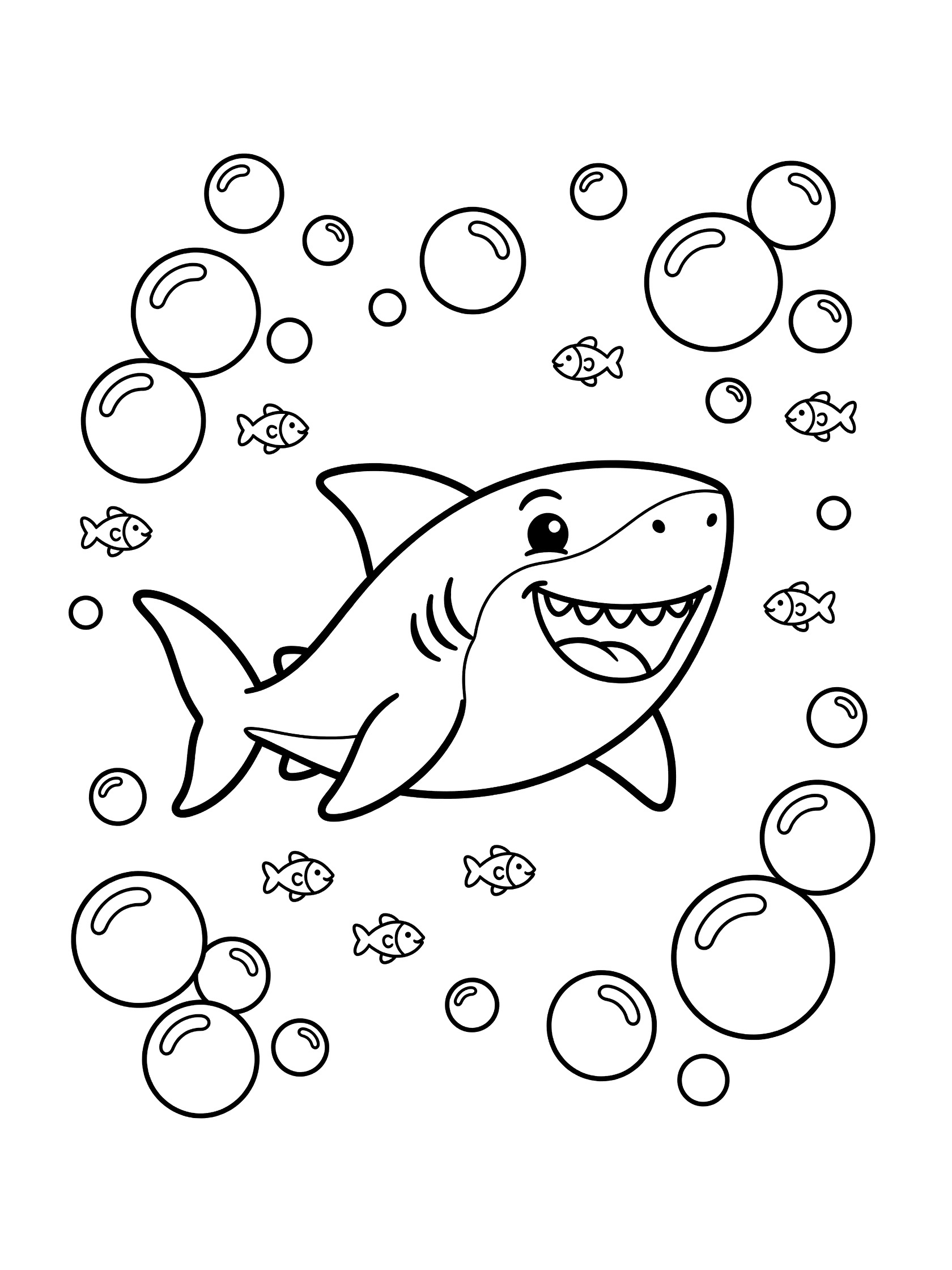Cute cartoon shark smiling with wide open mouth, playful bubbles and tiny fish around it, black line art coloring page for kids