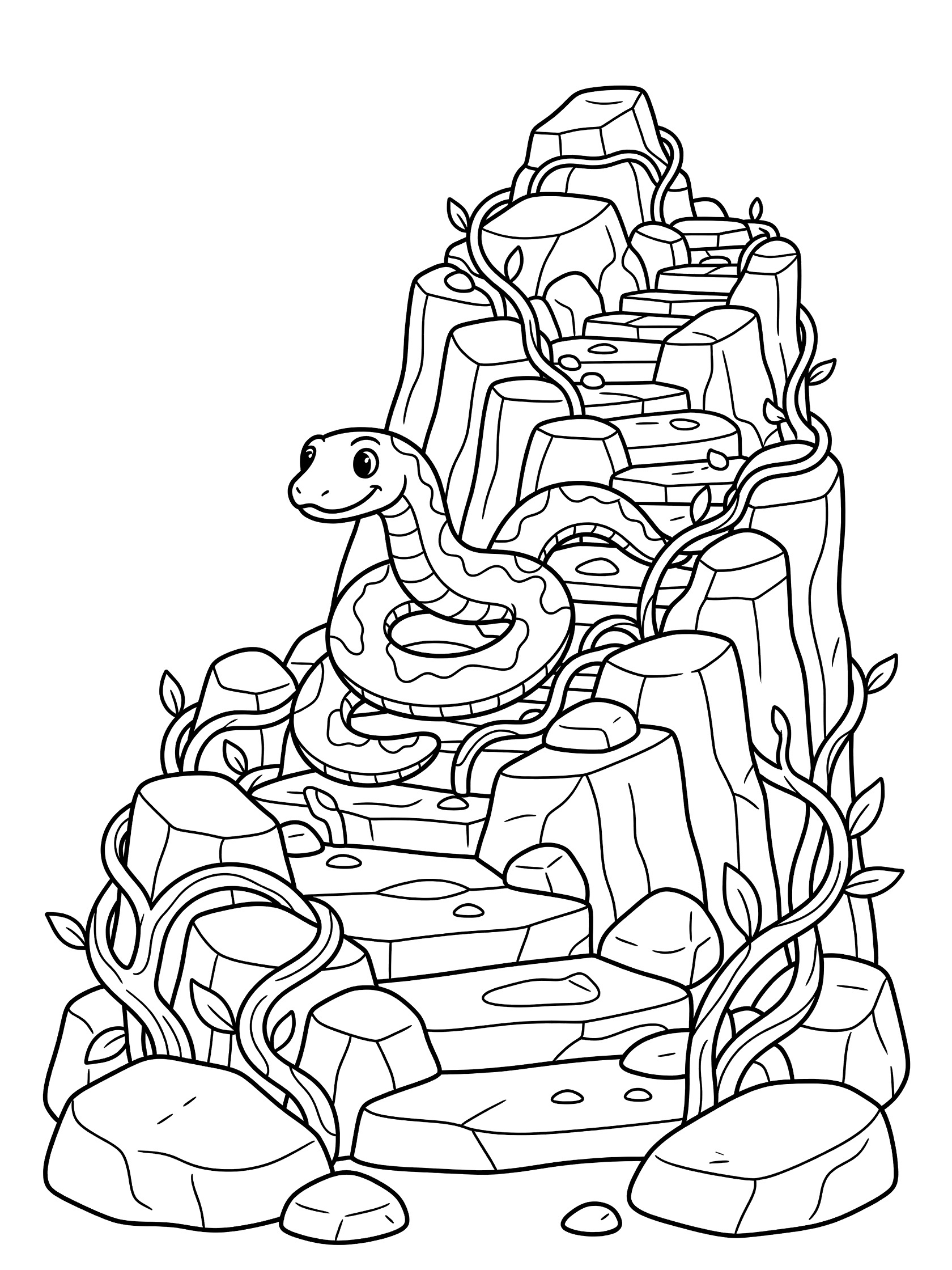 Black and white line art coloring page showing a smiling snake coiled on rocky steps with boulders and vines. Python themed black and white printable line art