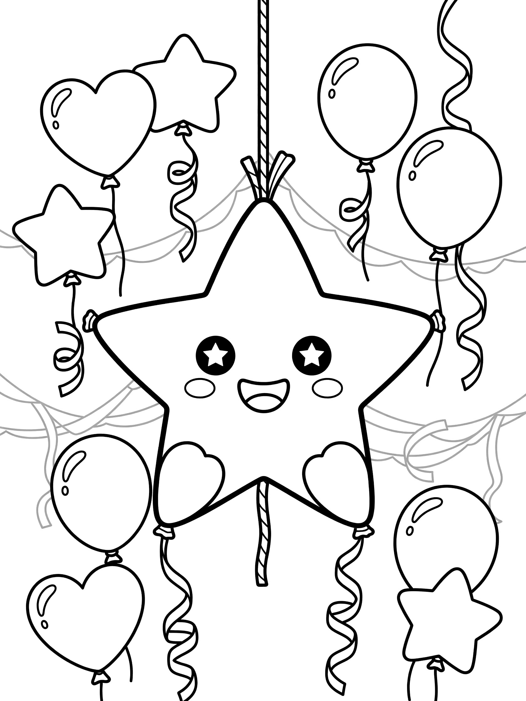 Black and white coloring page of a kawaii smiling star piñata with big eyes and rosy cheeks, surrounded by balloons and streamers for easy kids coloring