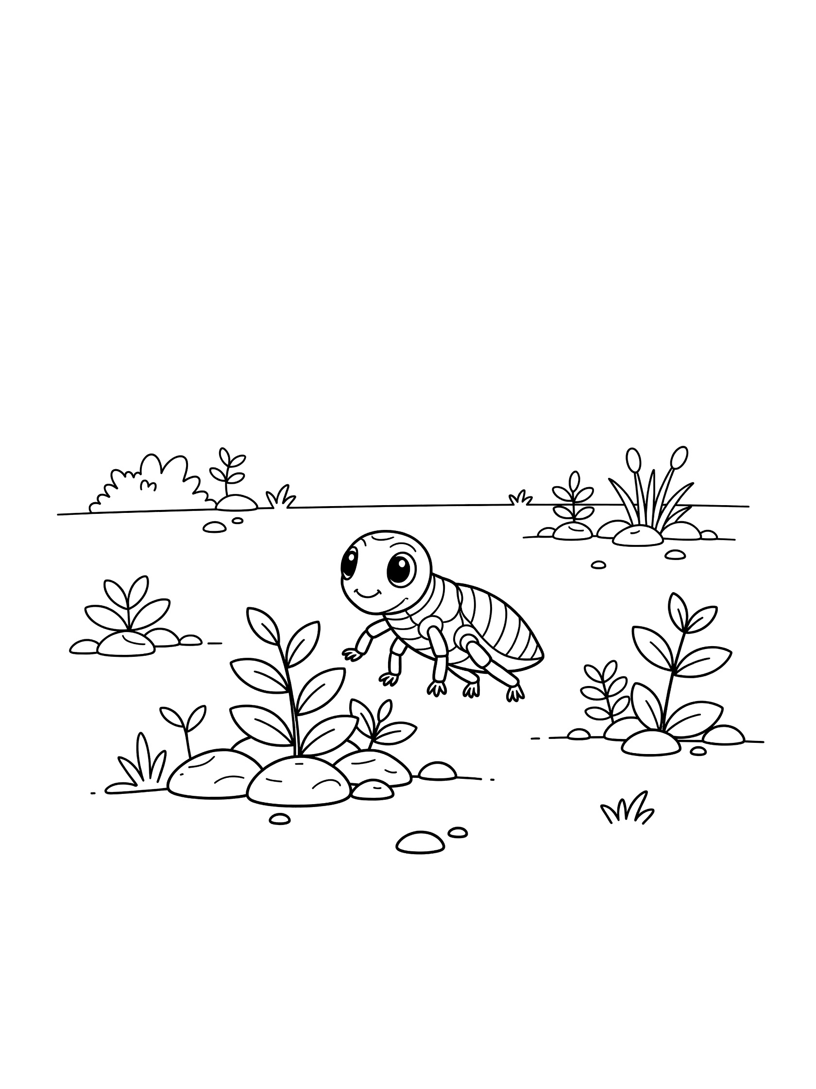 Black and white line art coloring page showing a cute smiling striped caterpillar with big eyes and legs near small plants, pebbles, and garden patch on white background. Locust themed black and white printable line art