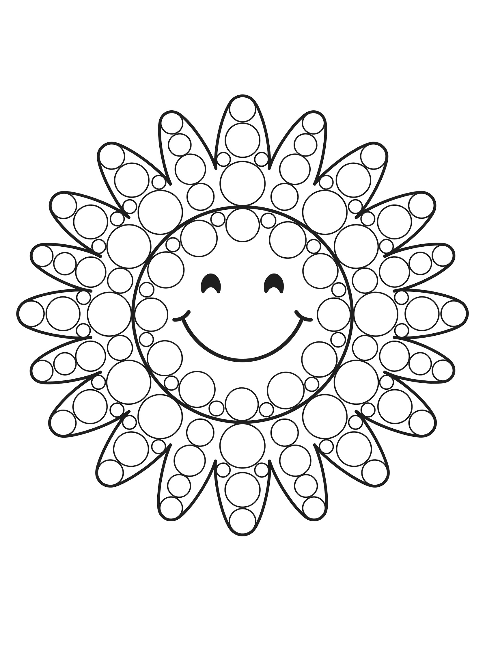 Black and white printable coloring page of a smiling sun face with rays made of overlapping circles. Tipple themed black and white printable line art