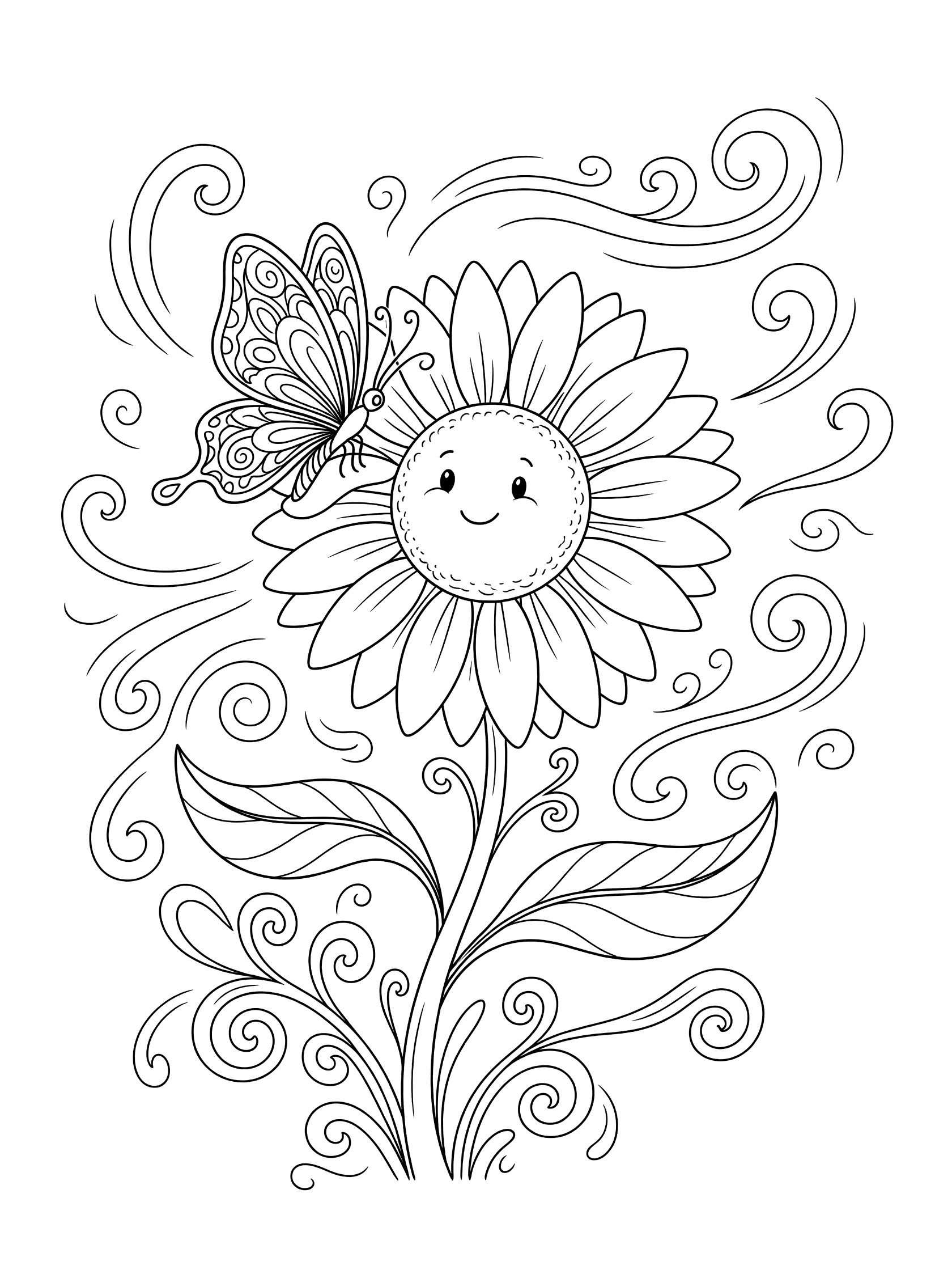 Printable coloring page showing a cheerful sunflower face with big eyes and smile, butterfly perched on petal with patterned wings, stem with curly leaves, and swirling wind lines