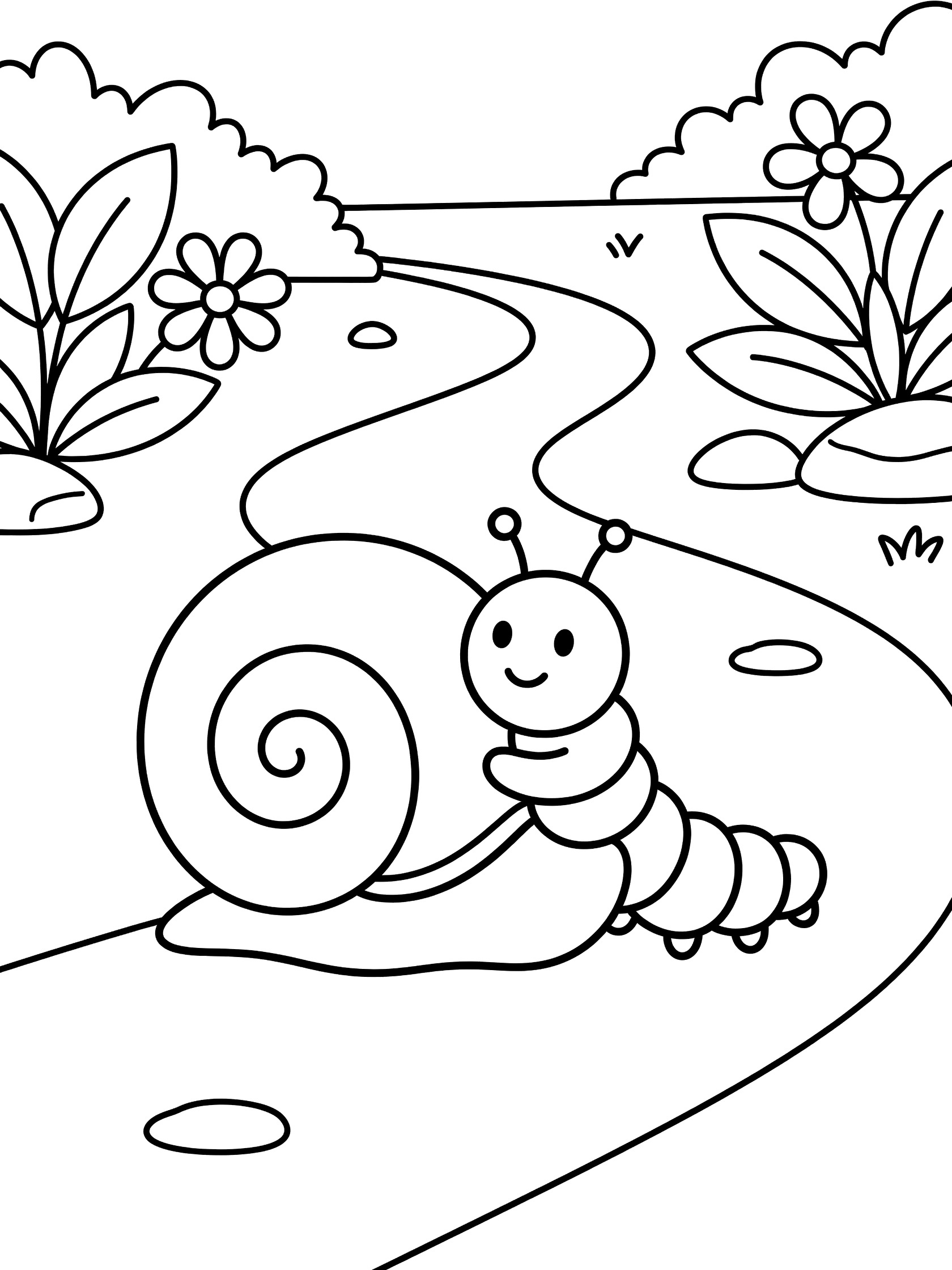 Black and white line art coloring page showing a smiling snail with spiral shell hugged by a caterpillar on a garden path with curving trail, rocks, flowers, leaves, and grass.
