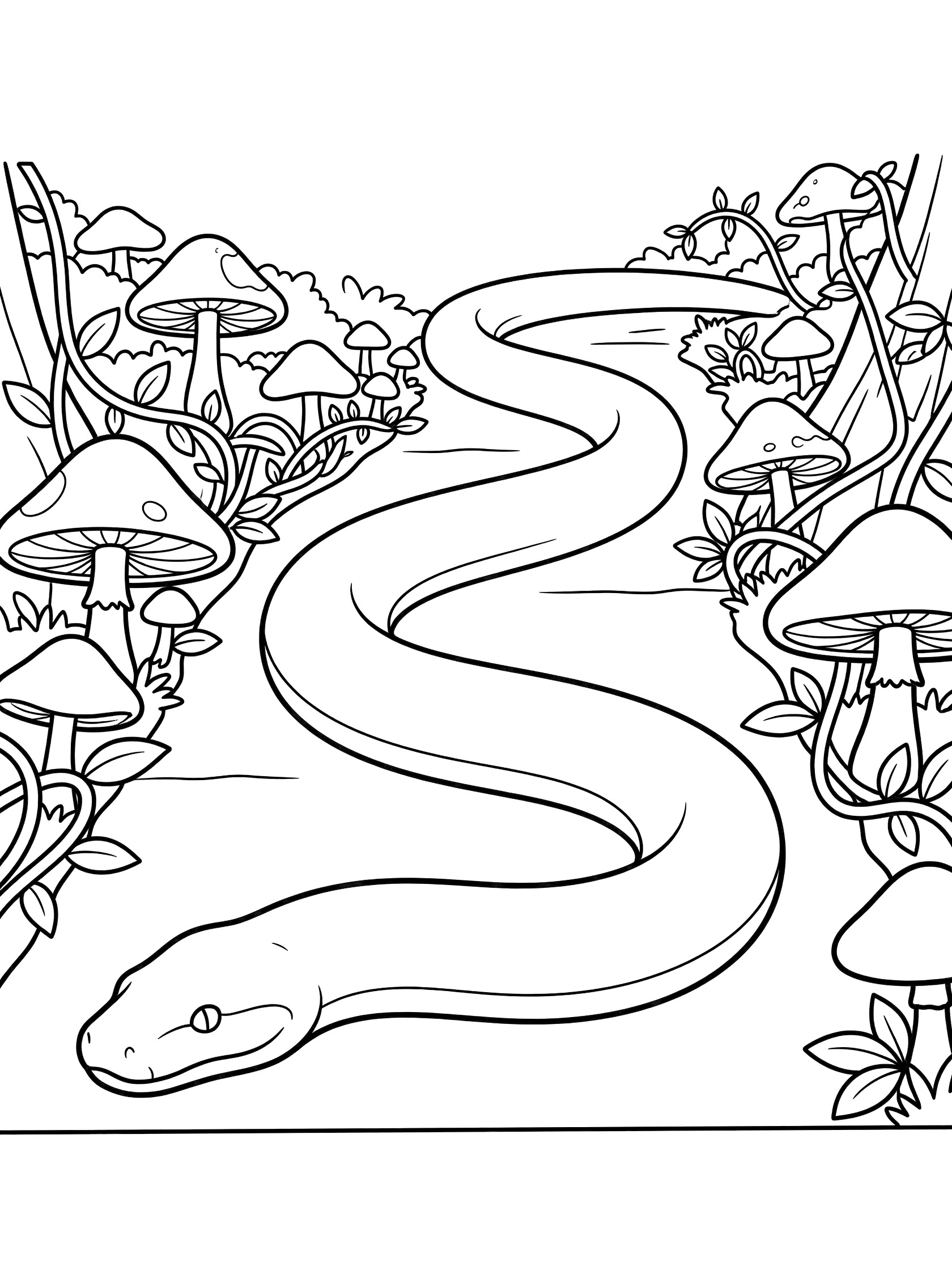 Black and white line art coloring page showing a long snake stretching across a path lined with mushrooms and vines. Anaconda themed black and white printable line art