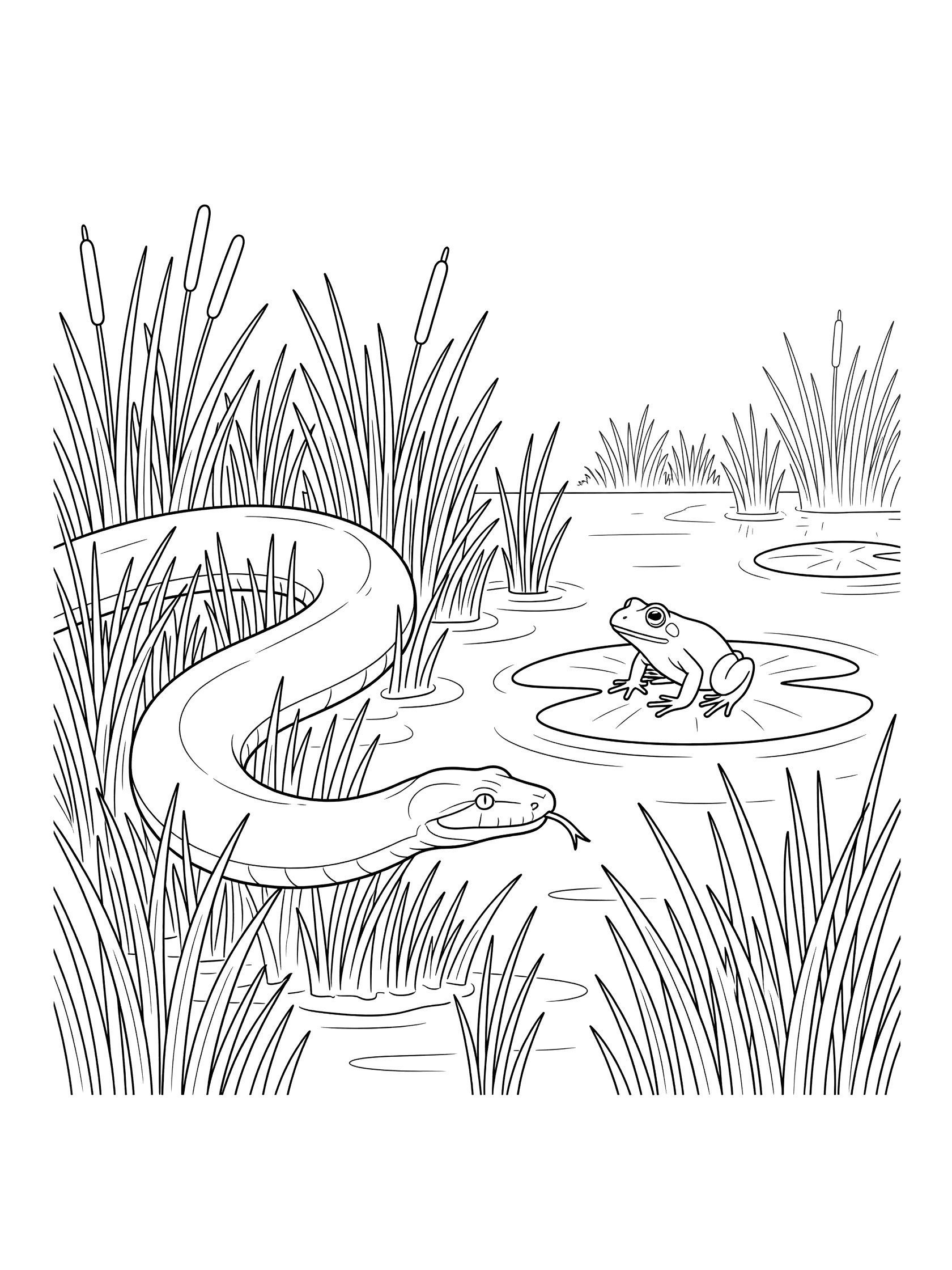 Black and white line art coloring page showing a long snake in tall grass approaching a frog sitting on a lily pad in a pond with reeds. Anaconda themed black and white printable line art