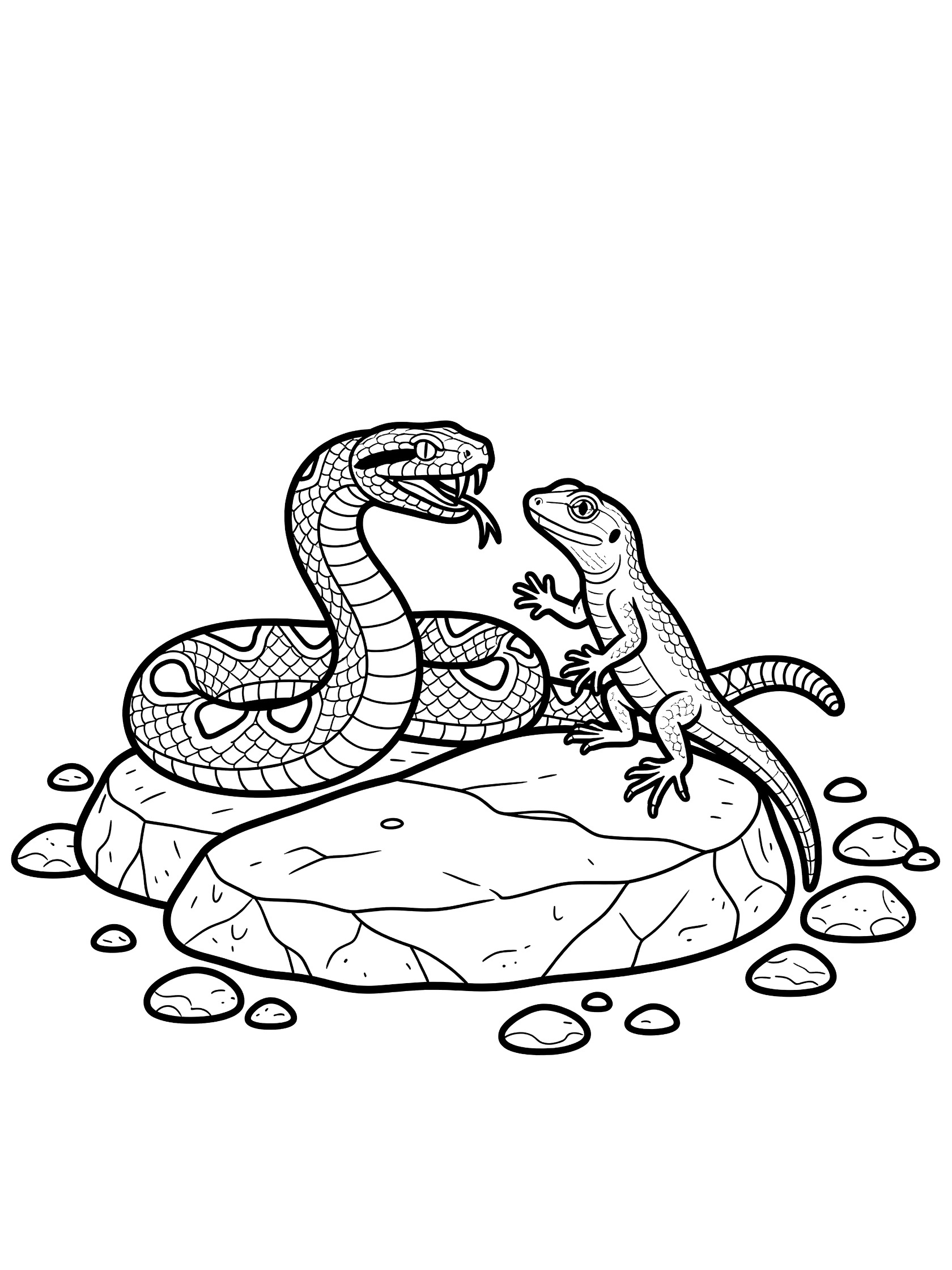 Black and white line art coloring page showing a coiled snake with open mouth facing a small gecko on a large rock surrounded by pebbles. Rattlesnake themed black and white printable line art