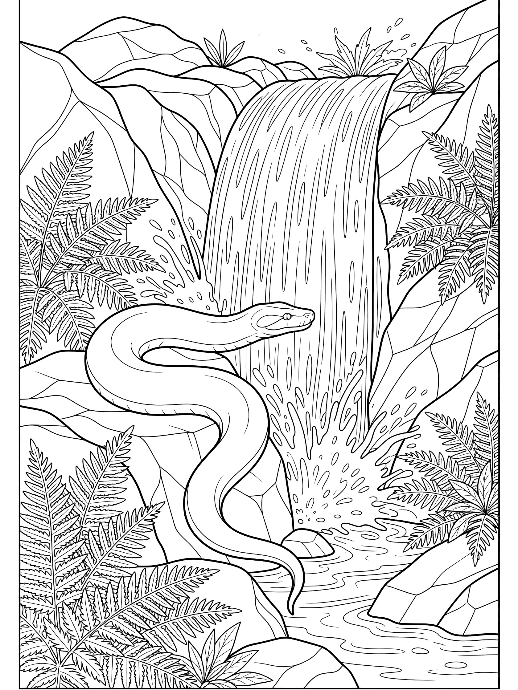 Black and white line art coloring page of a snake draped over rocks beside a tall waterfall with ferns, splashing water, and rocky background. Anaconda themed black and white printable line art