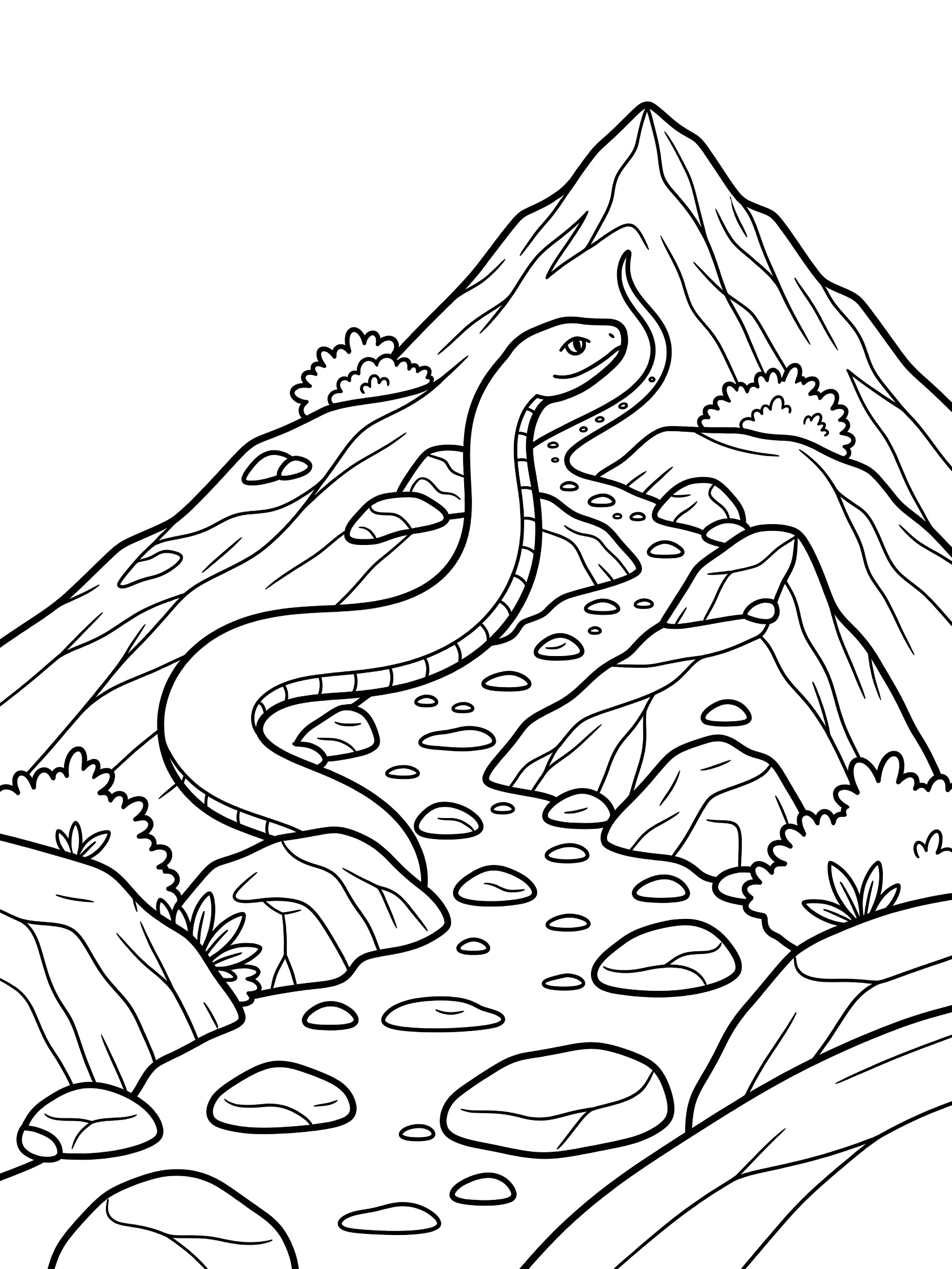 Black and white line art coloring page showing a large snake coiled and climbing a steep rocky path with bushes and stones toward a pointed mountain peak.