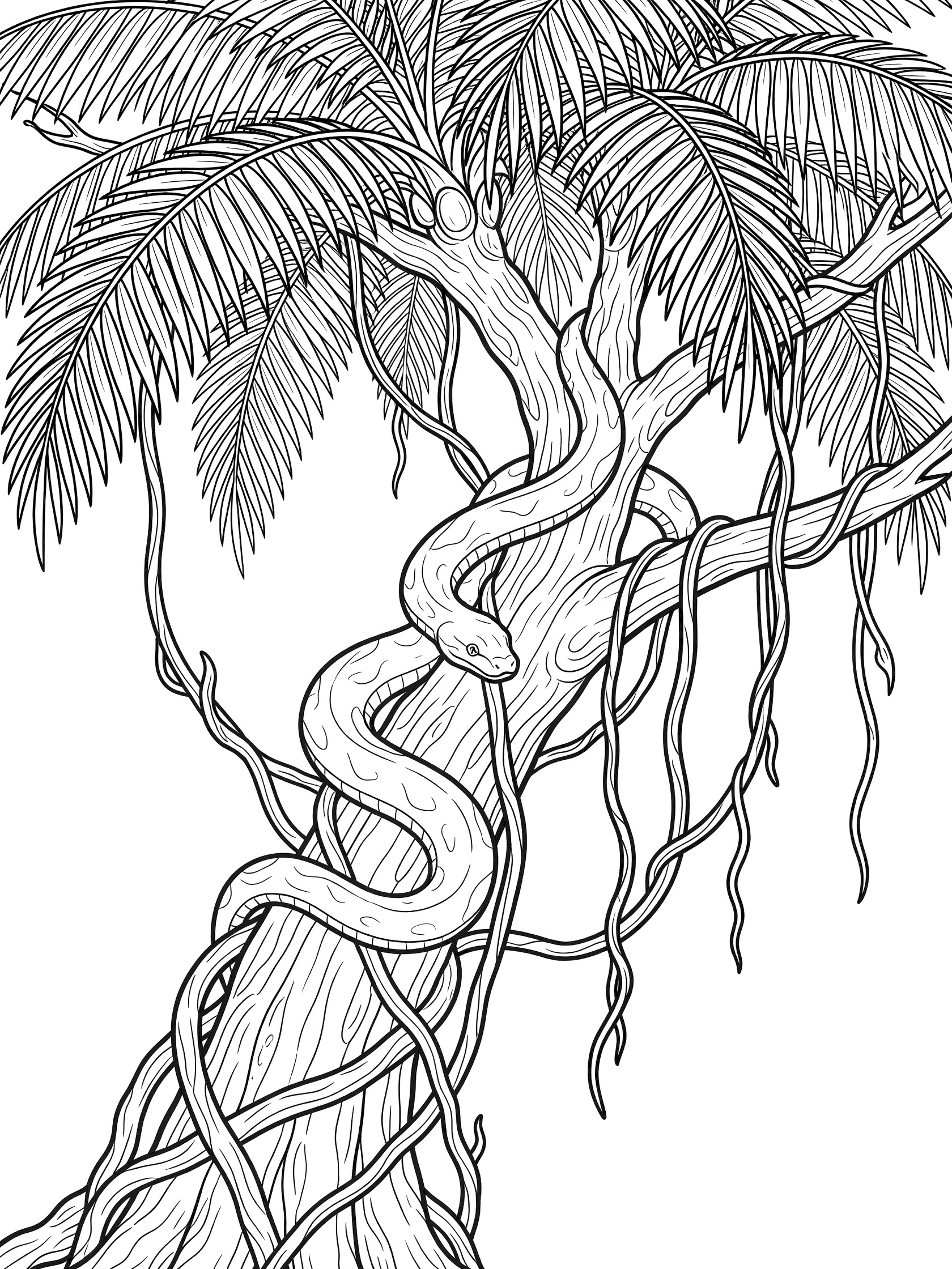 Black and white line art coloring page showing a long snake wrapped around a tree trunk with large palm leaves on top and hanging vines. Anaconda themed black and white printable line art