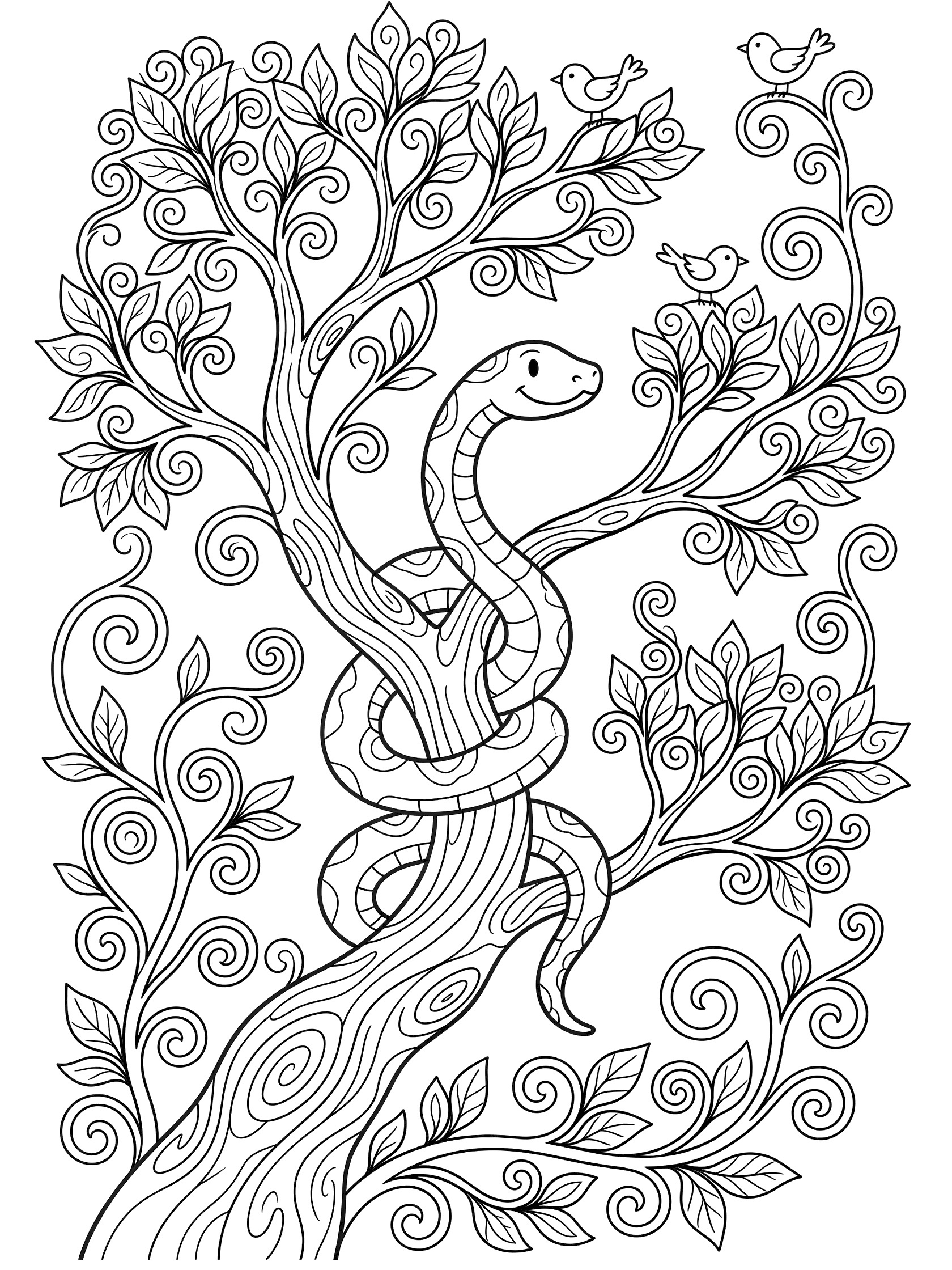 Black and white line art coloring page showing a whimsical snake coiled around a curly tree branch with leaves, small birds perched on branches, and swirling vines.