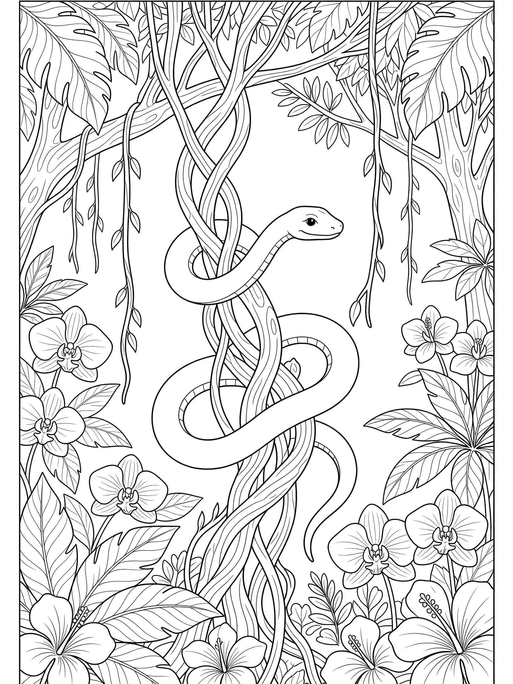 Printable coloring page showing a snake wrapped around jungle vines, surrounded by large leaves and exotic flowers, clean line art on white background