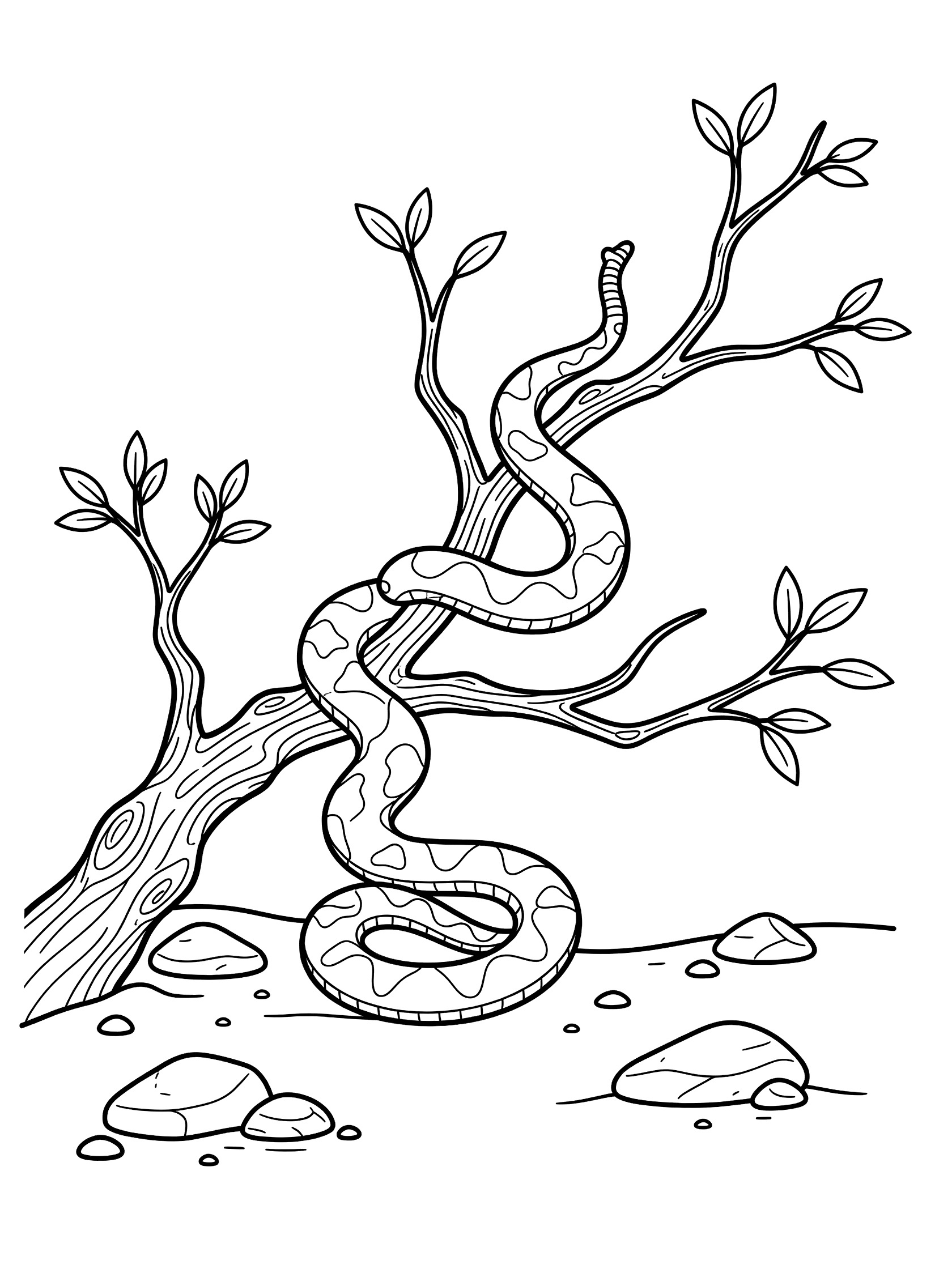 Black and white line art coloring page showing a snake wrapped around a twisted tree branch with leaves and small rocks at the base. Rattlesnake themed black and white printable line art