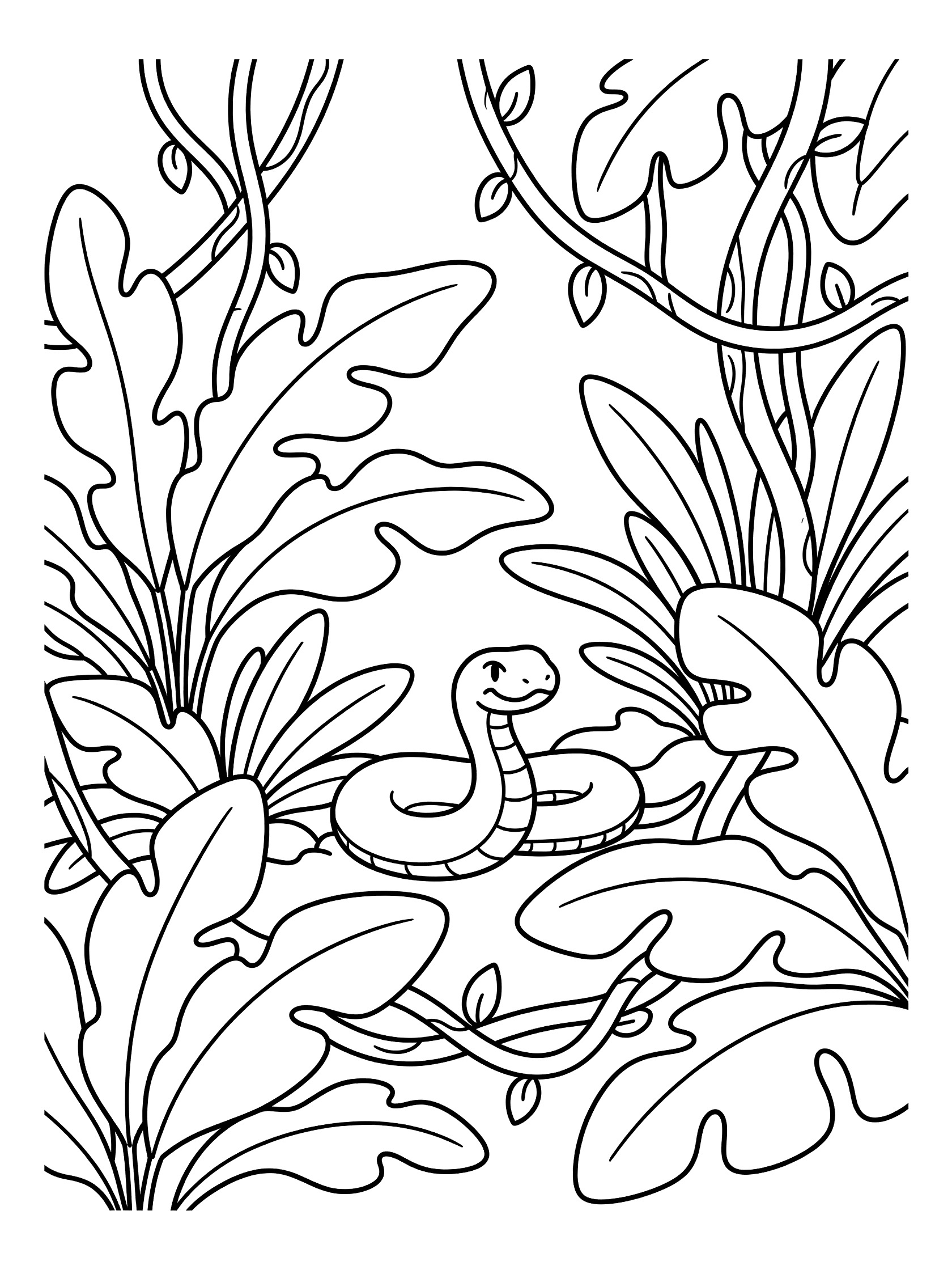 Black and white line art coloring page showing a coiled snake hiding between large wavy leaves and twisting vines in a jungle setting. Viper themed black and white printable line art