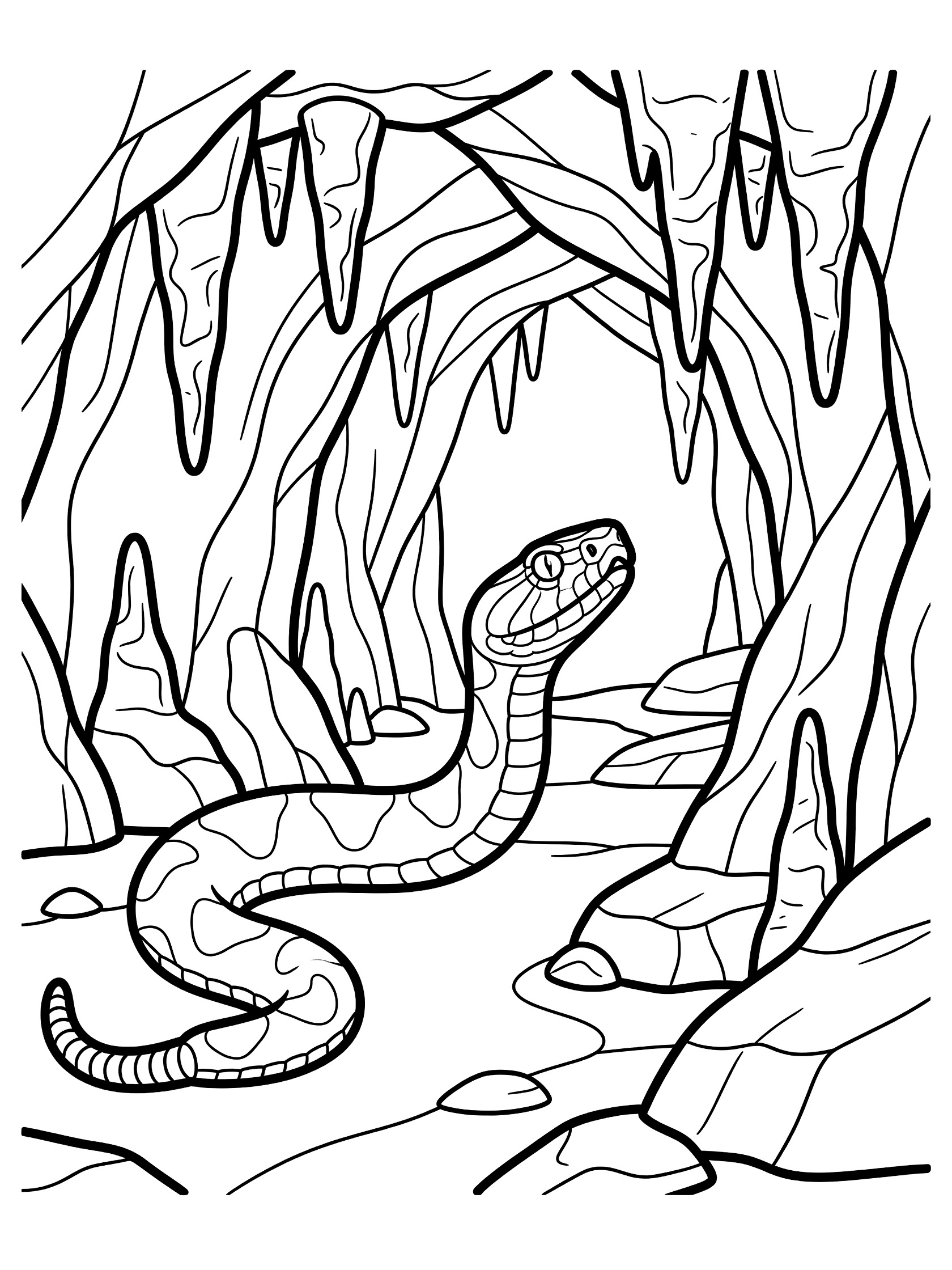 Black and white line art coloring page showing a coiled snake with diamond pattern entering a dark cave mouth lined with stalactites and jagged rocks. Rattlesnake themed black and white printable line art
