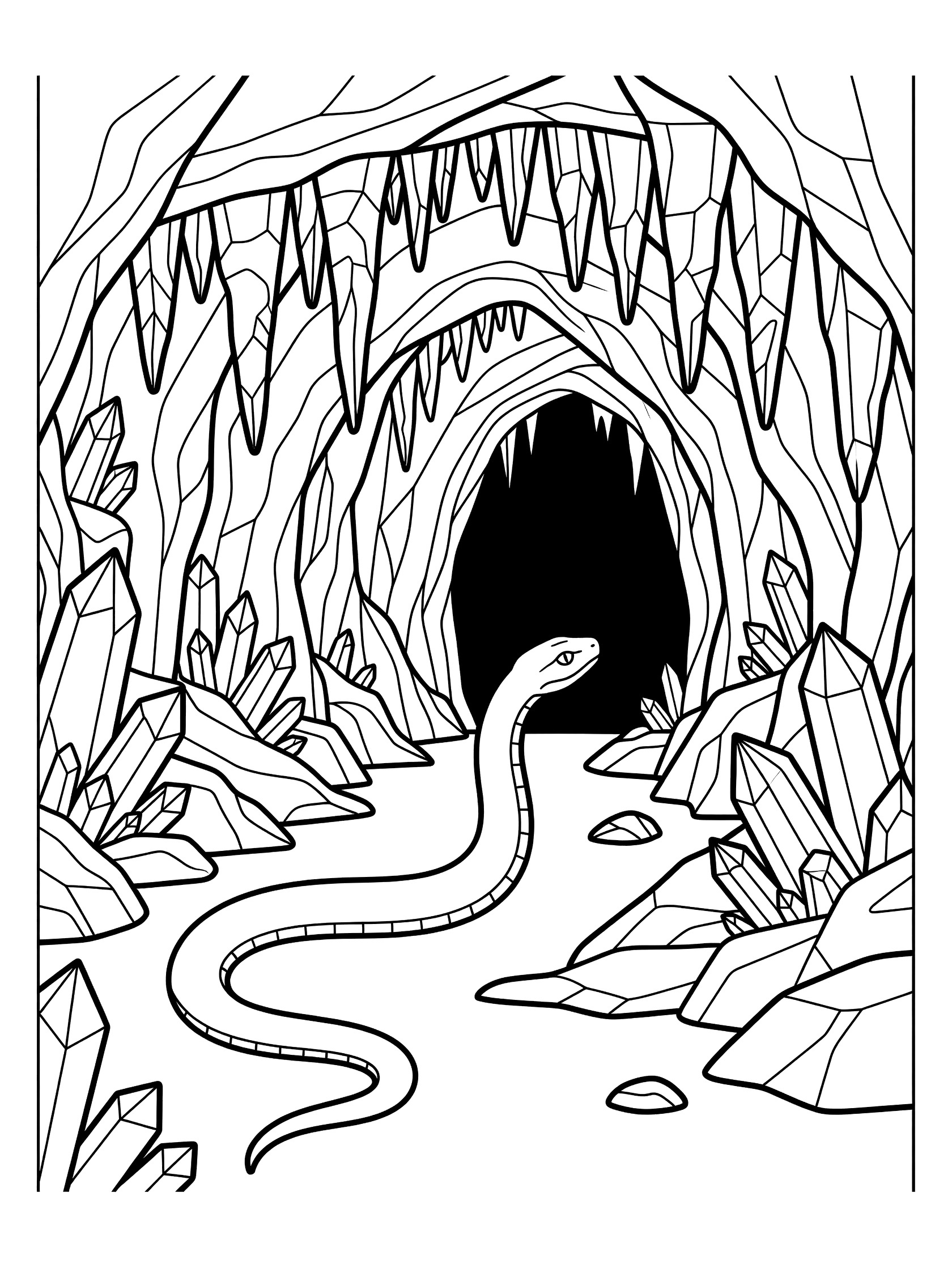 Black and white line art coloring page showing a bold snake near the entrance of a dark cave with hanging stalactites and faceted crystals on the walls and ground.