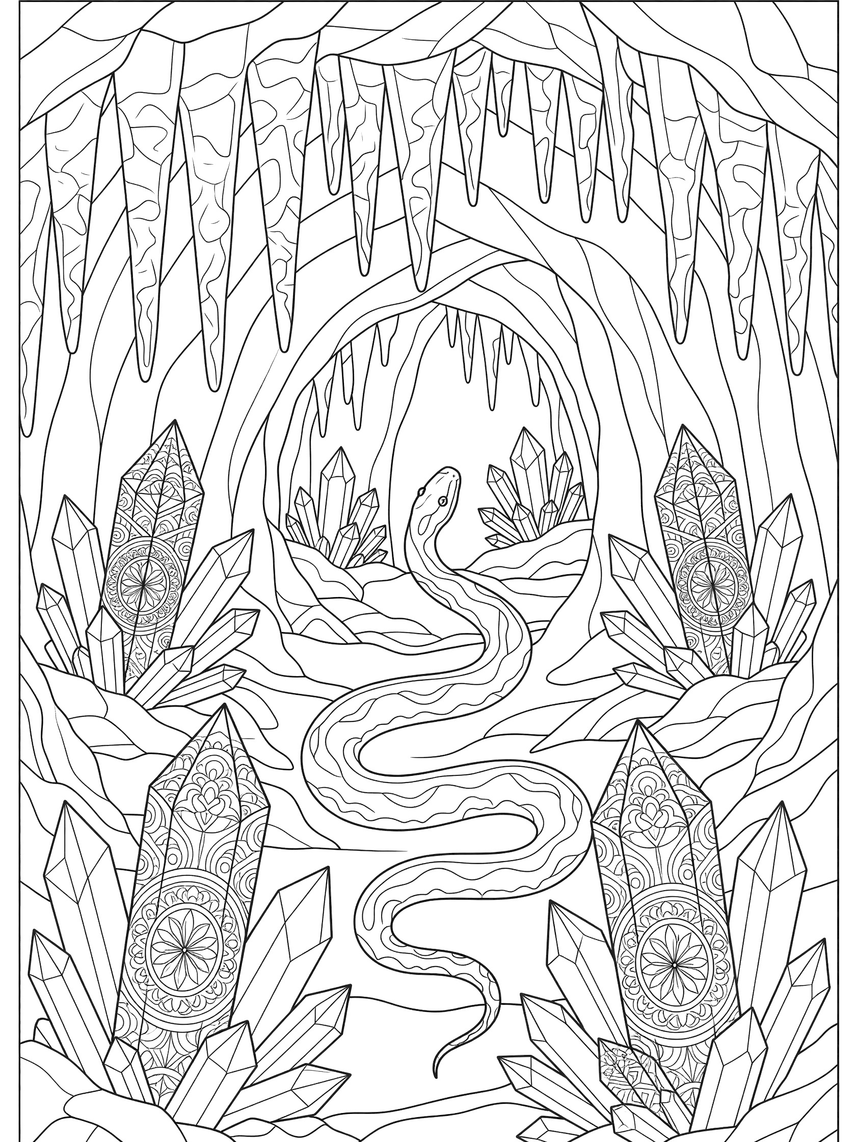 Black and white line art coloring page showing a snake coiled among large faceted crystals inside a cave with hanging stalactites and detailed patterns. Python themed black and white printable line art