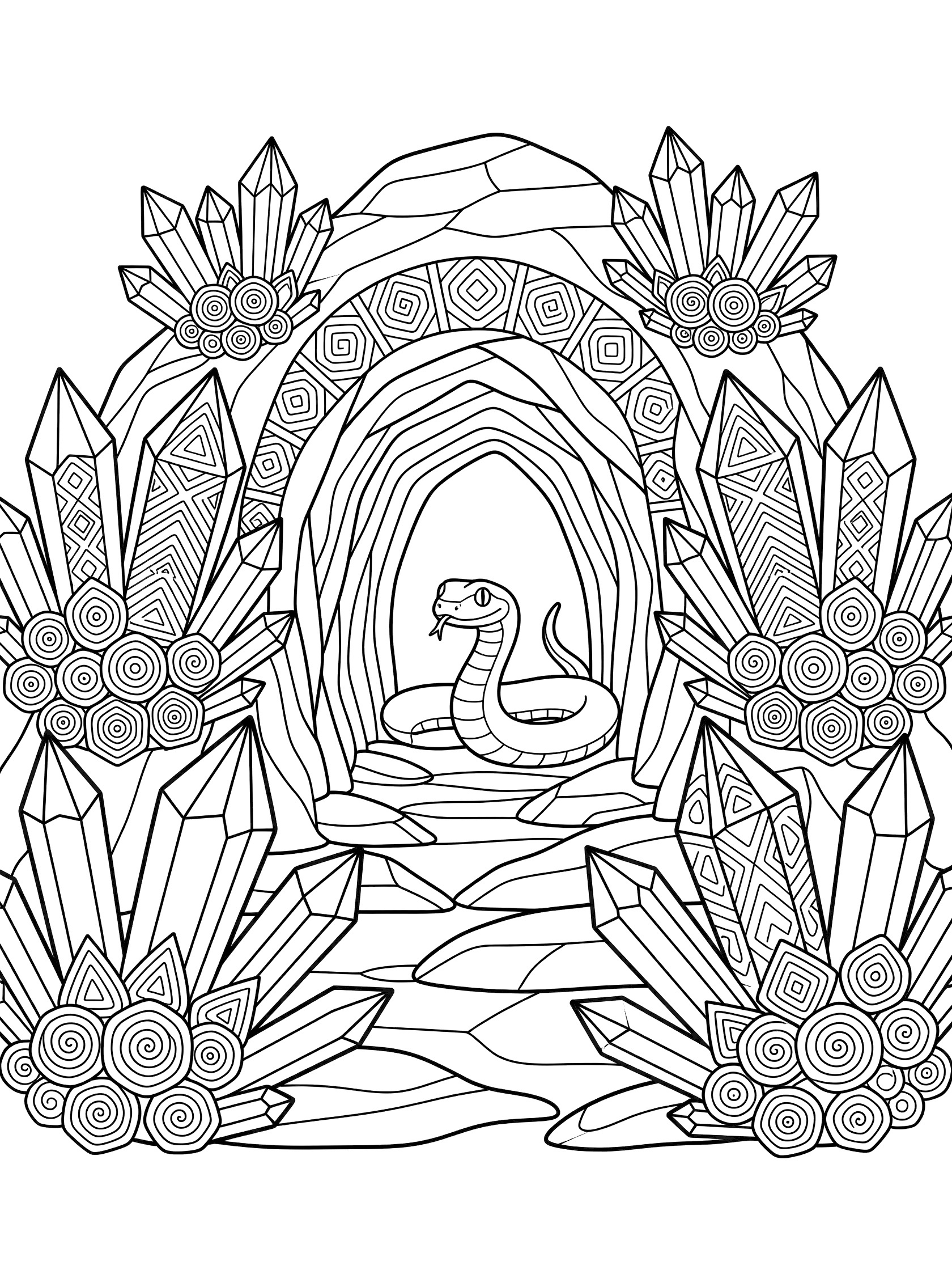 Black and white coloring page of a snake inside a cave entrance surrounded by symmetrical crystals and repeating patterns. Viper themed black and white printable line art