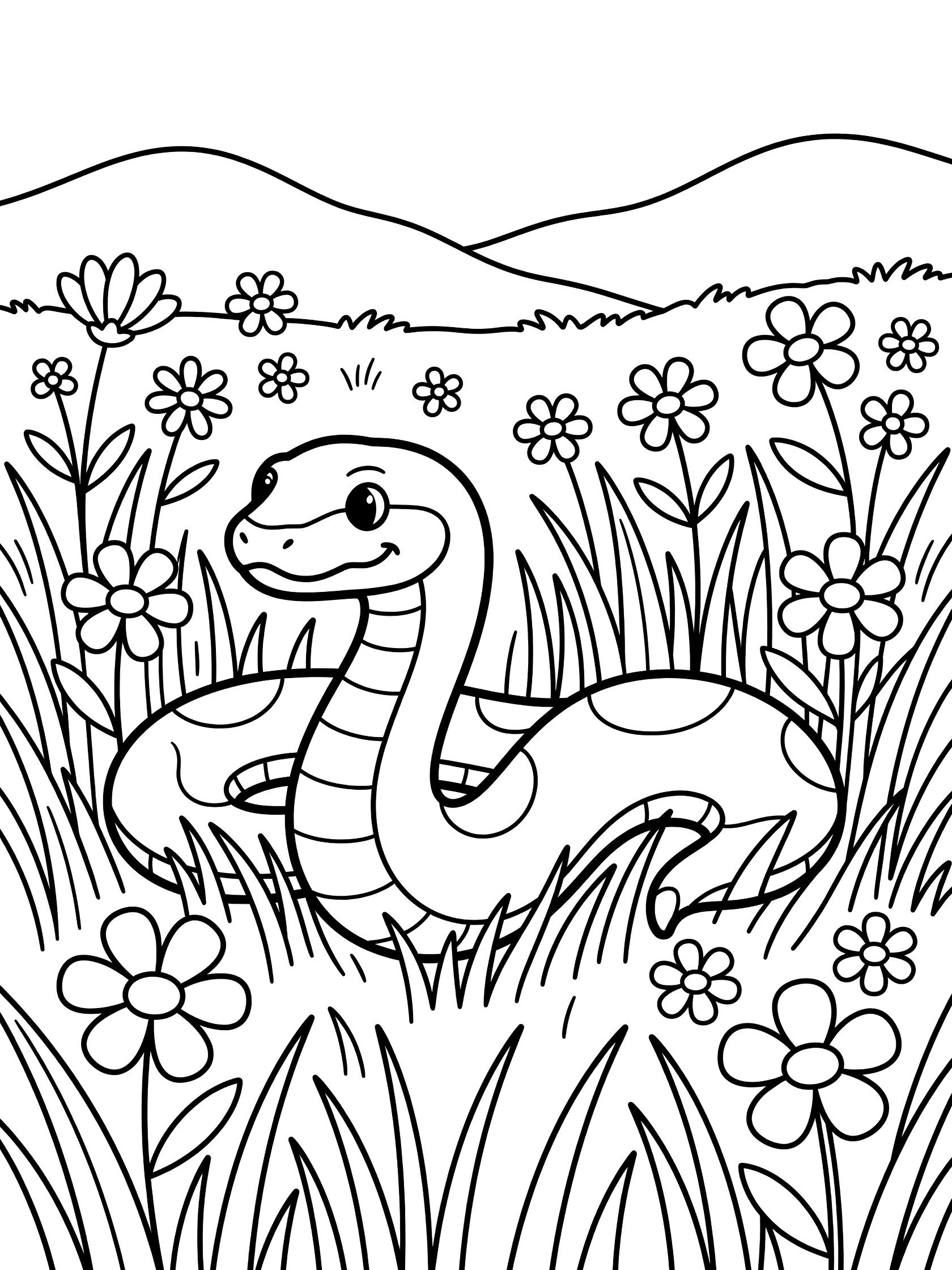 Black and white line art coloring page showing a snake in tall grass surrounded by flowers with distant hills. Python themed black and white printable line art
