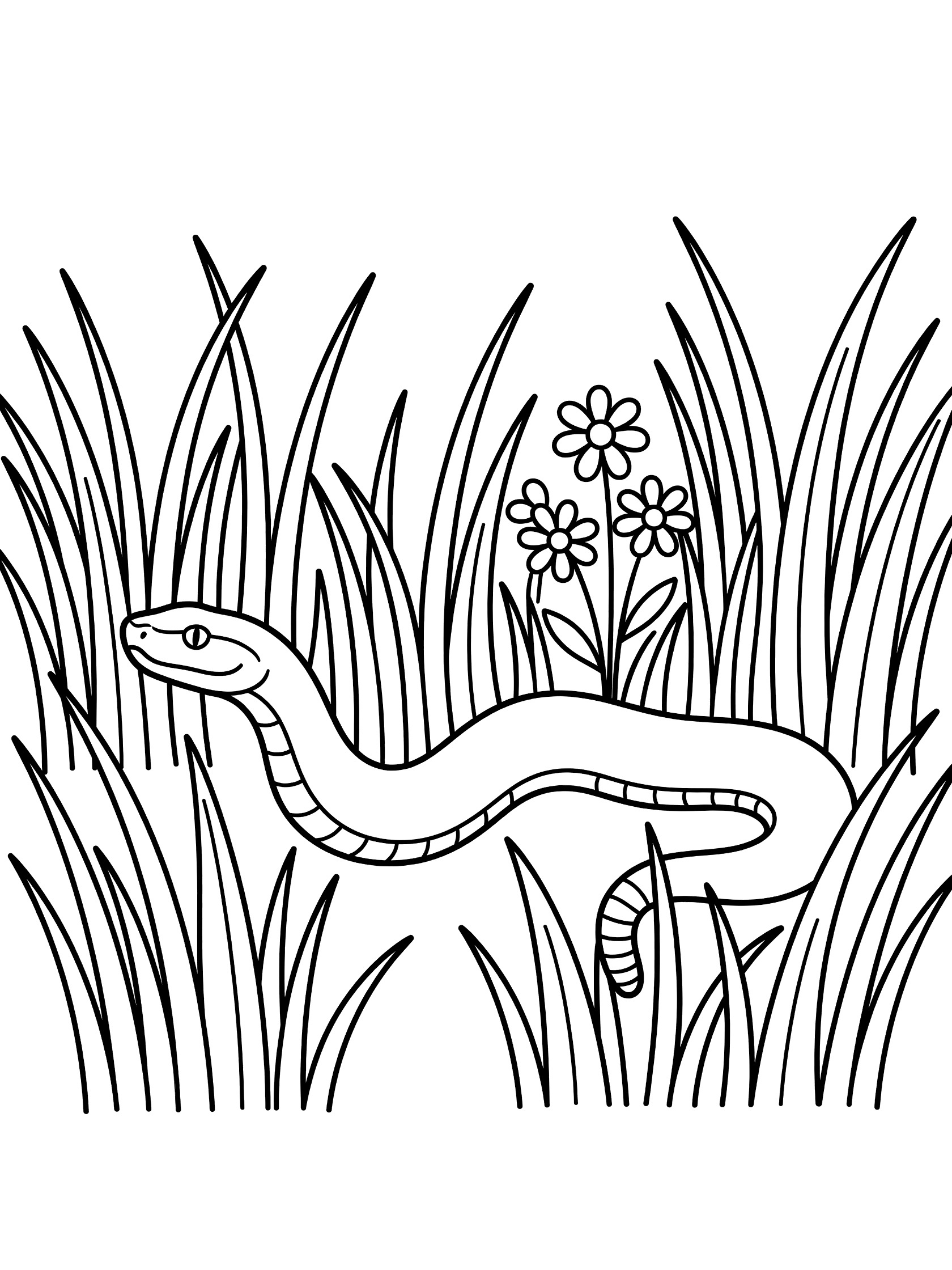 Black and white line art coloring page showing a snake moving through tall grass blades and small flowers. Rattlesnake themed black and white printable line art