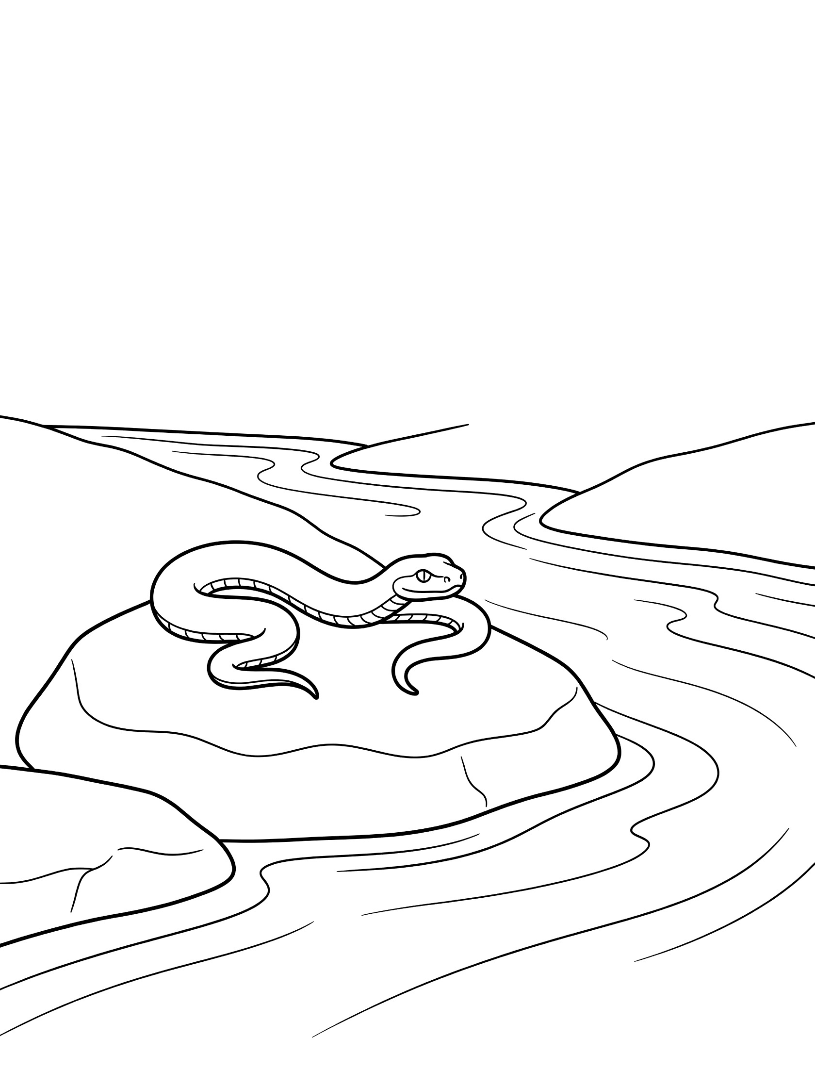 Black and white line art coloring page showing a coiled snake on a large rock beside a flowing river with gentle waves and nearby stones. Viper themed black and white printable line art