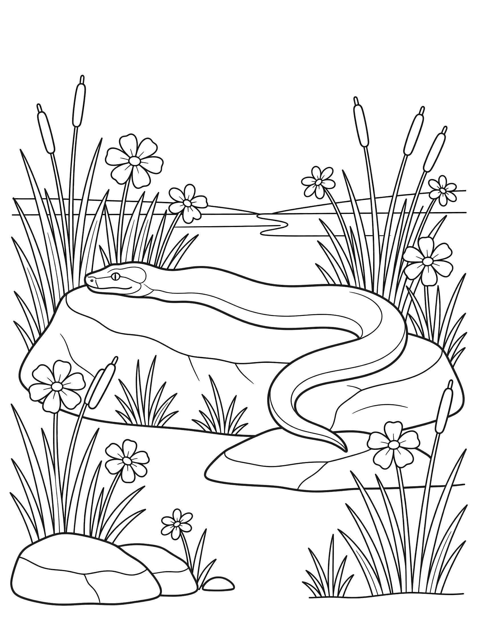 Black and white line art coloring page showing a snake stretched on a rock next to a stream, surrounded by tall reeds and simple flowers. Anaconda themed black and white printable line art