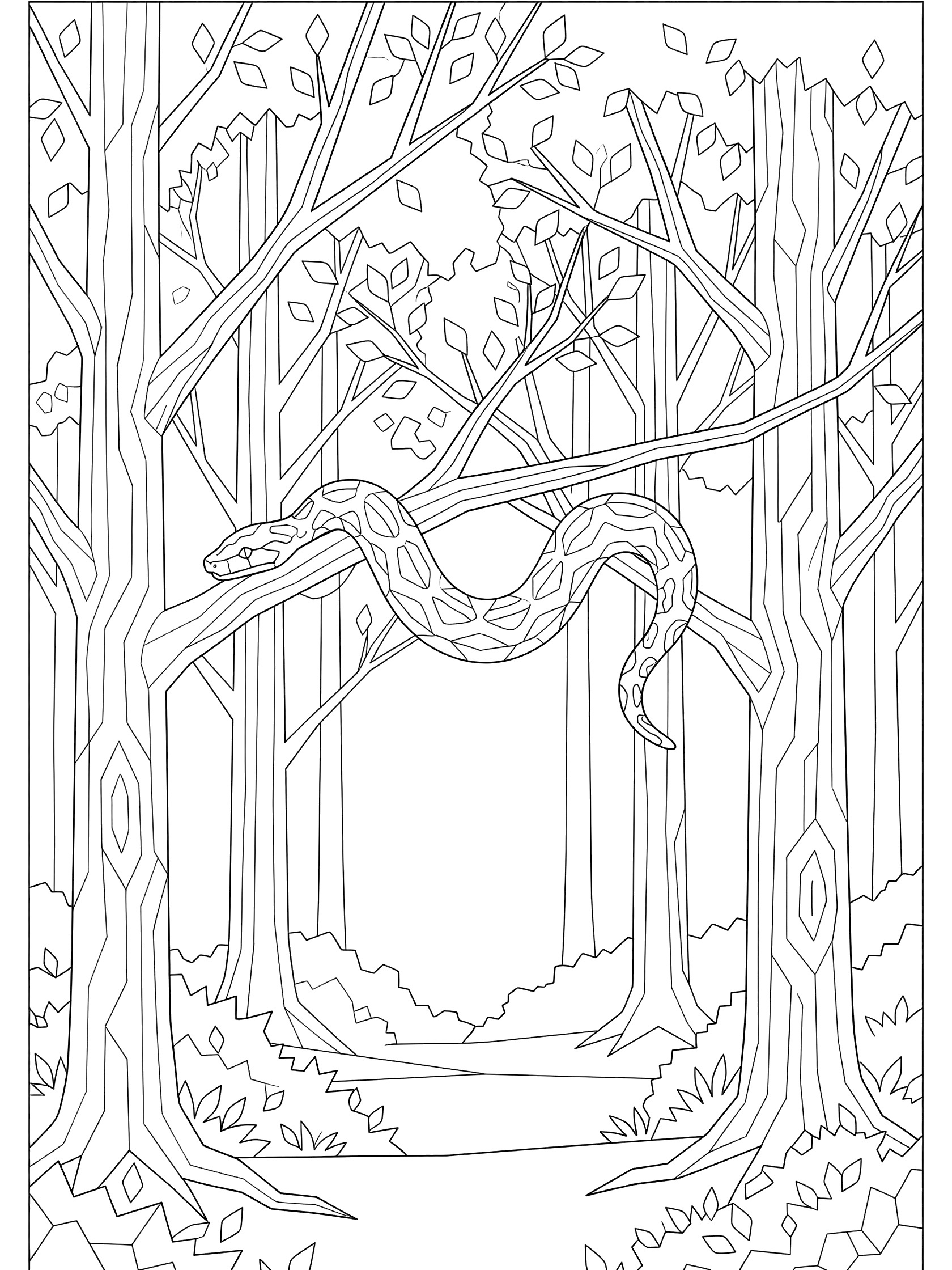 Black and white line art coloring page showing a long snake draped and coiled over angled tree branches with patterned bark, simple leaves, and a forest path in the background. Python themed black and white printable line art