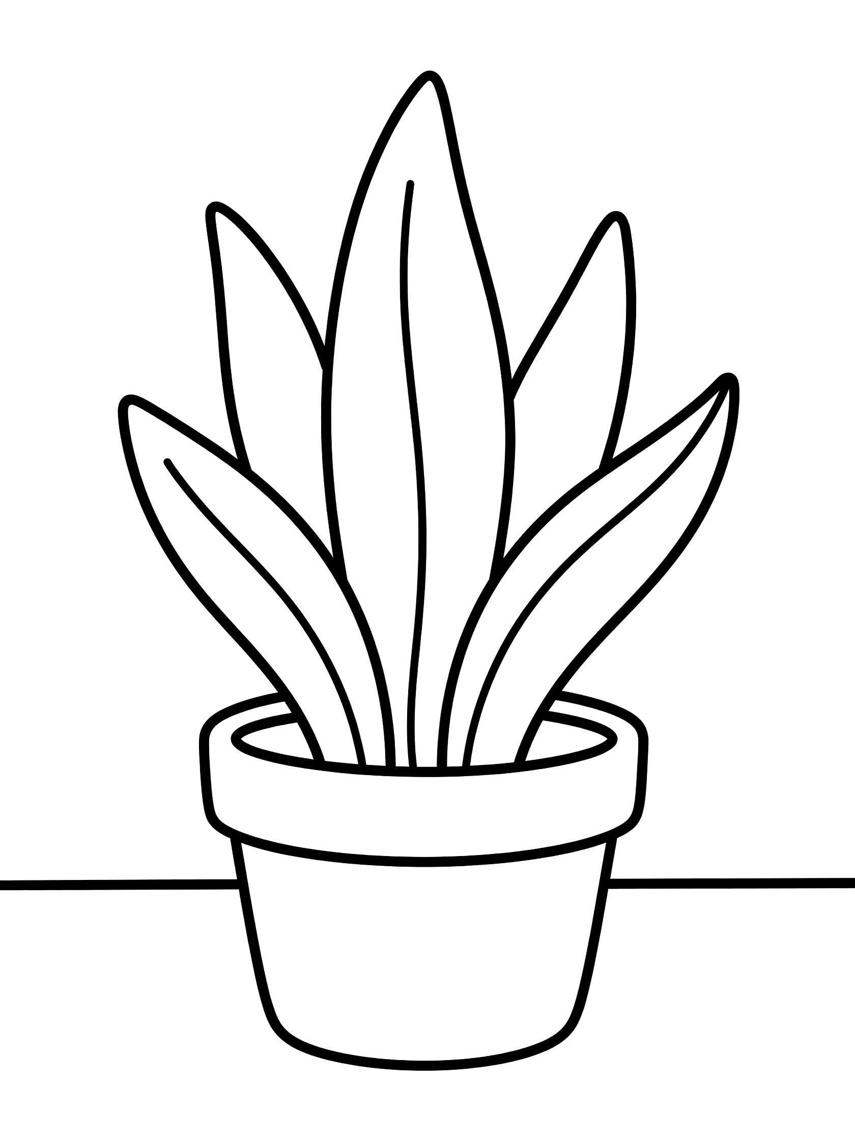 Black and white line drawing of a cartoon snake plant with tall curved leaves growing from a simple round pot on a flat surface.