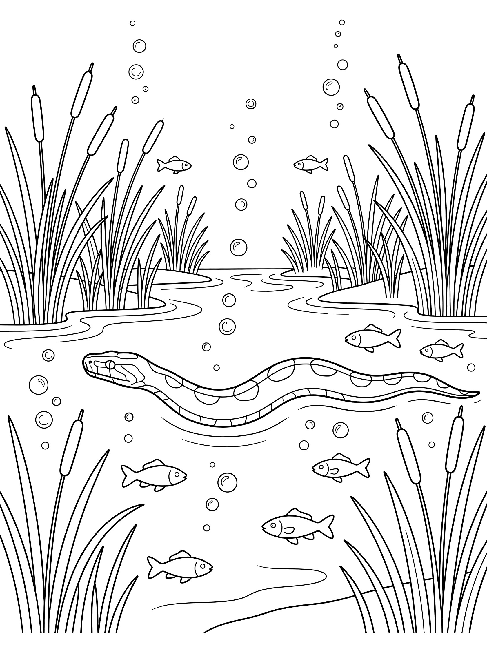 Black and white coloring page showing a long snake swimming through water with small fish around it, bubbles rising, and reeds on the sides. Python themed black and white printable line art