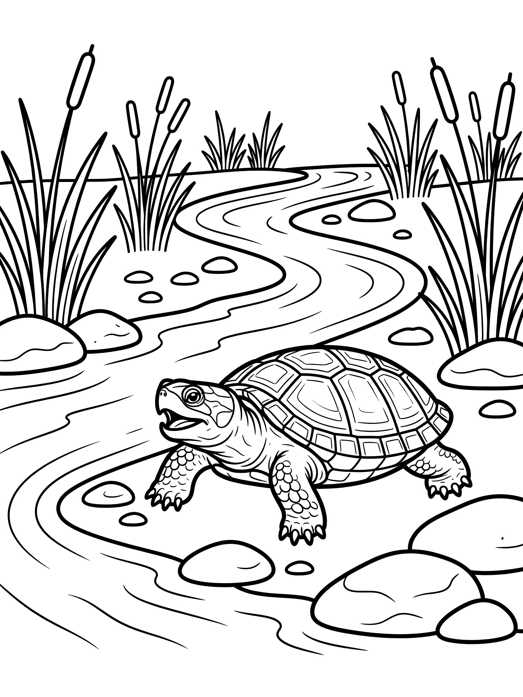 Black and white line art coloring page showing a snapping turtle near a winding stream with smooth stones and tall reeds