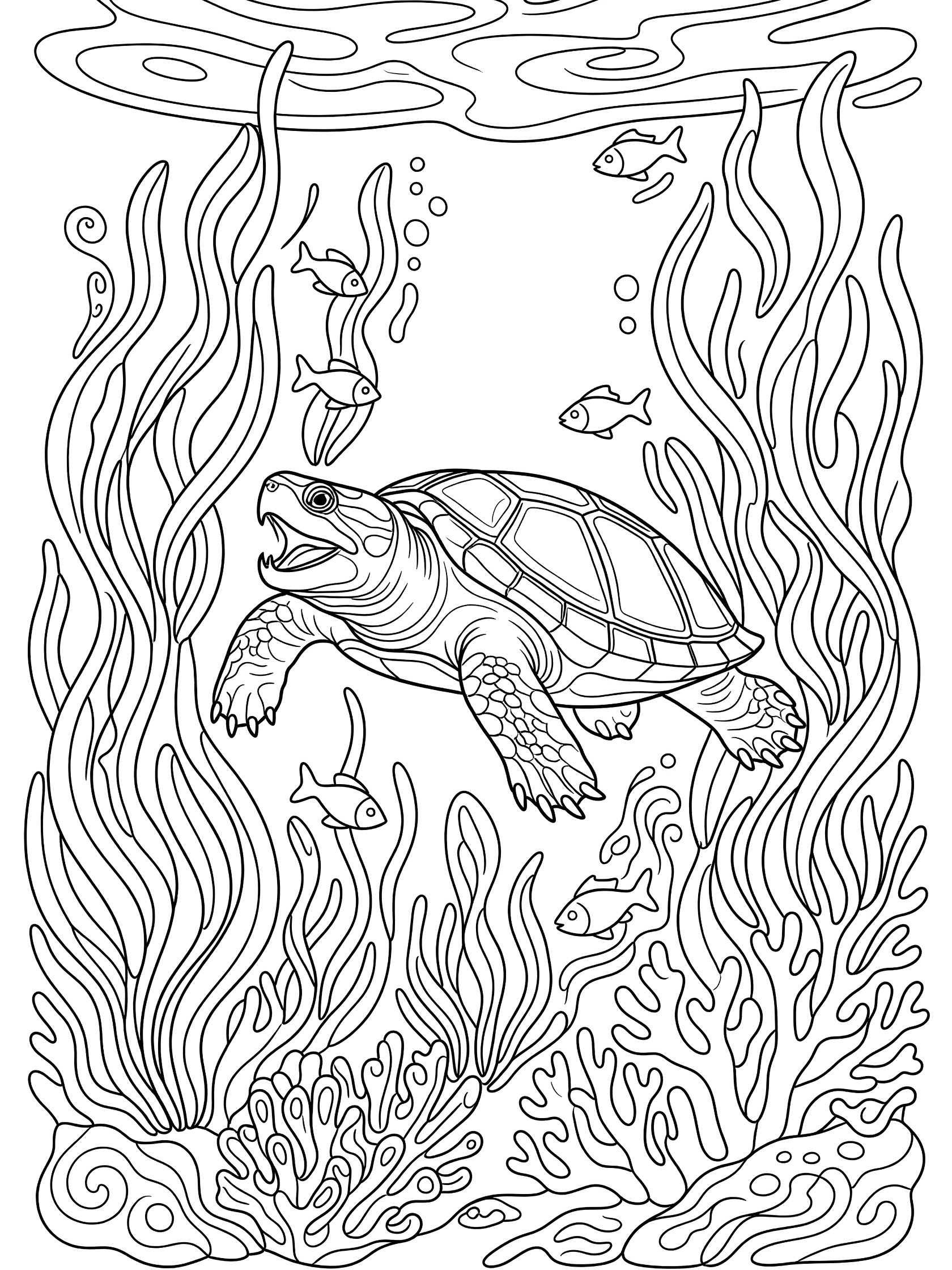 Black and white line art coloring page showing a snapping turtle diving in an underwater scene with swaying seaweed, small fish, bubbles, and coral clusters.