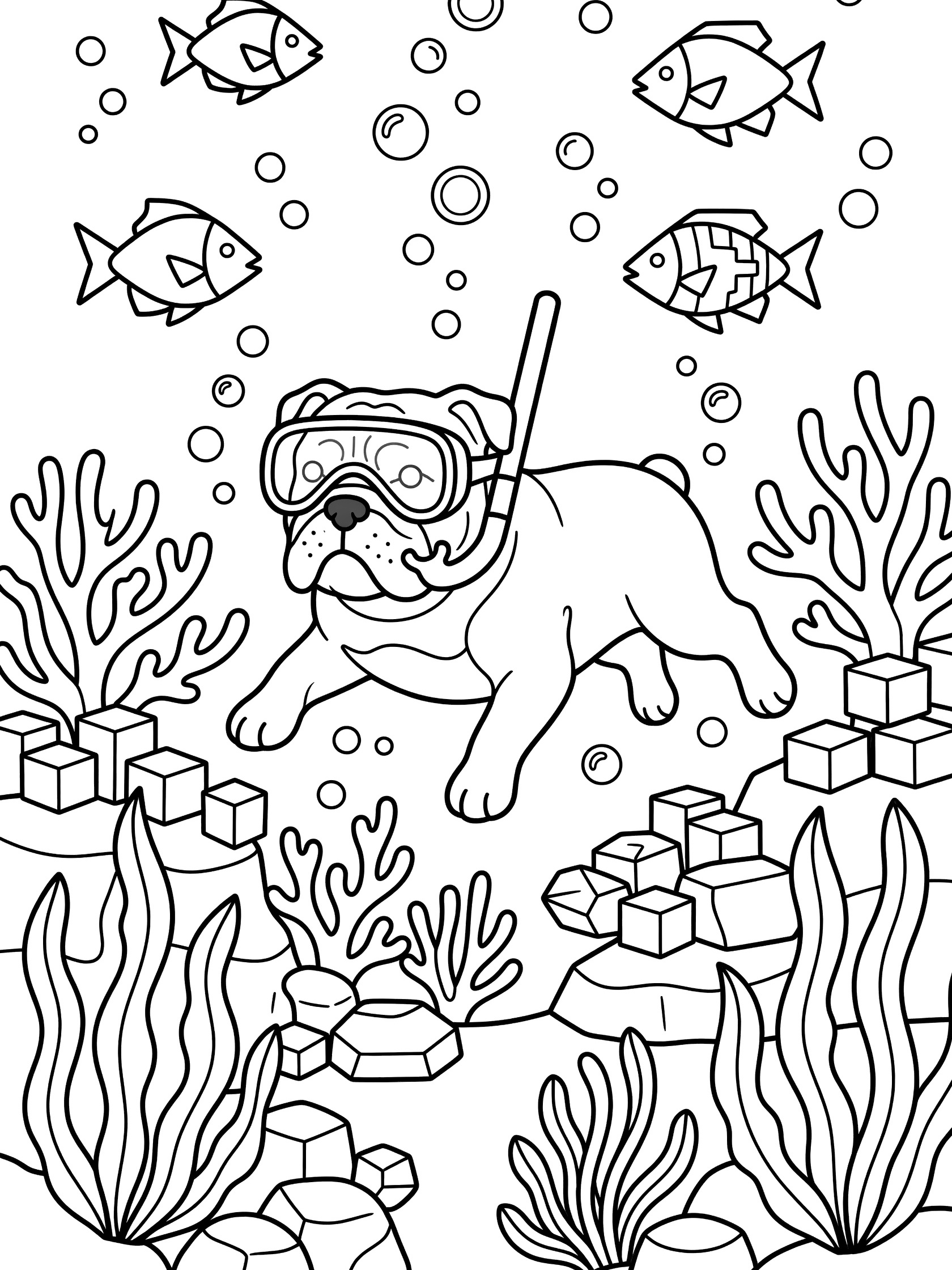 Black and white line art coloring page showing a bulldog wearing snorkel mask and tube swimming among geometric fish, coral reefs, seaweed, rocks and bubbles in the sea.