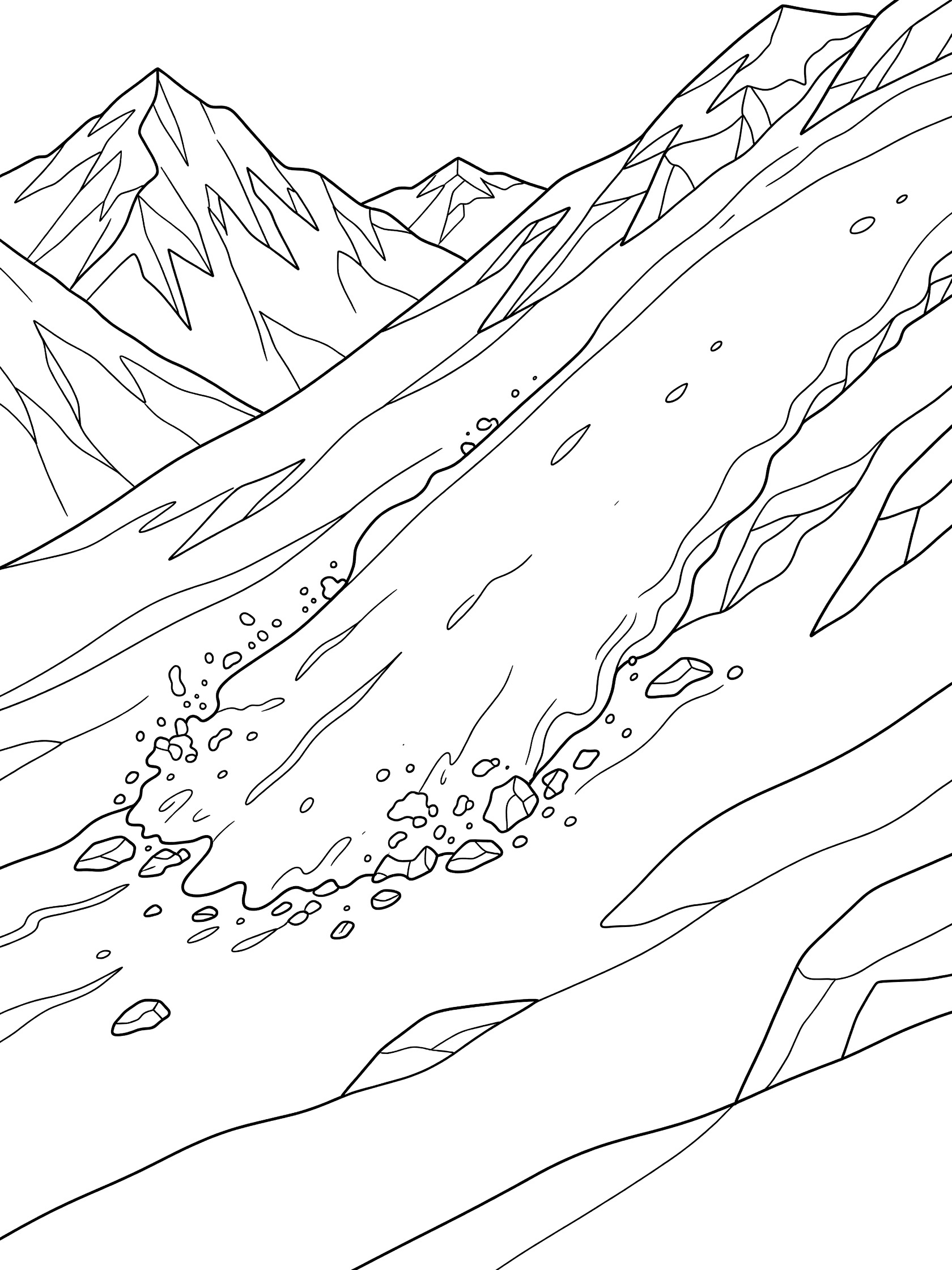 Black and white line art coloring page showing thick snow sliding down a steep mountain slope, kicking up rocks and debris, with tall distant mountain peaks.