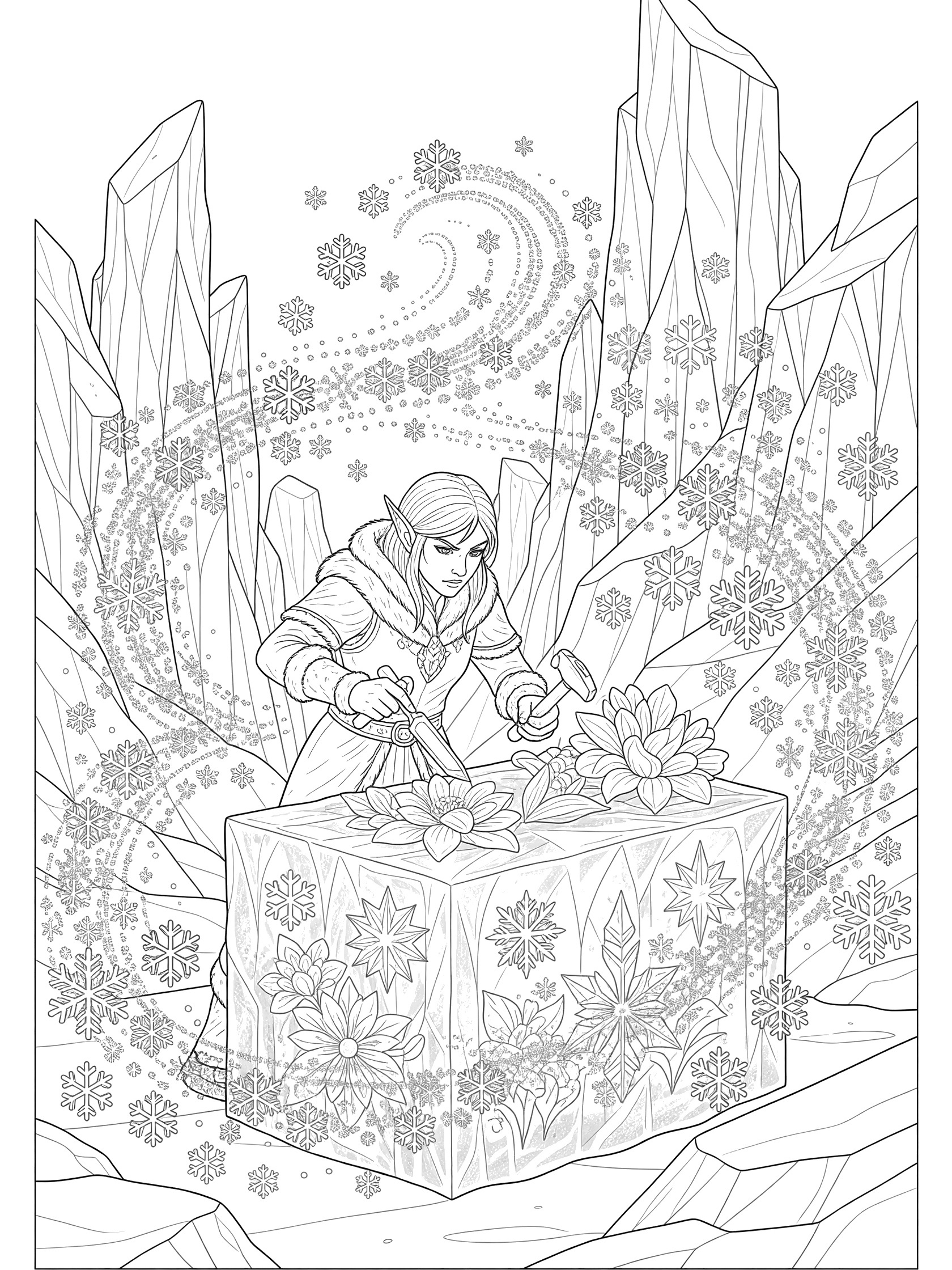 Black and white line art of a focused elf with pointed ears and cloak using tools to carve detailed ice flowers and stars on a frozen block, with swirling snowflakes and jagged ice formations around. Snow Elves themed black and white printable line art