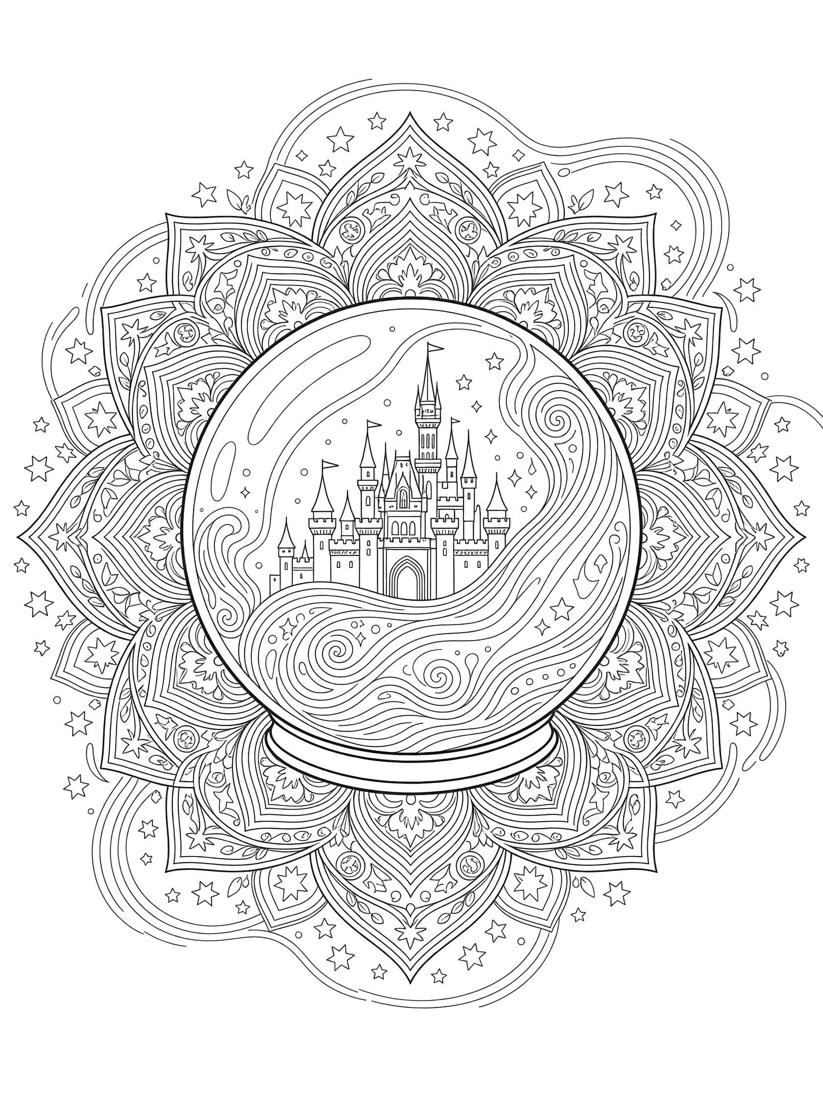 Black and white line art coloring page of a crystal ball snow globe showing a tall castle with towers, framed by mandala patterns of vines, stars, and wavy lines.